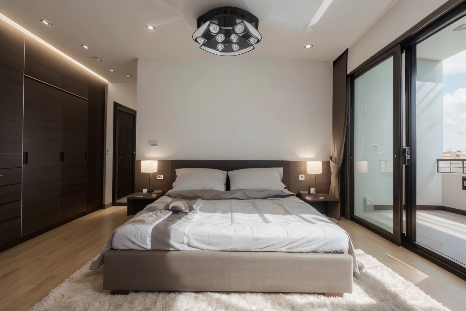 Imagine um ultramoderno, Dual-use rooms that optimize space and integrate advanced technology. Rooms are compact, Cama inteligente de parede,Can be controlled through the app, Elegante, Mesa flutuante com carregamento sem fio integrado, Janelas de vidro inteligentes,Sua tonalidade pode ser ajustada de acordo com a hora do dia. The style is ultra-modern, High-tech furniture, Smart lighting that syncs with your sleep cycle, and monochrome color scheme. The composition is a wide-angle shot, Efficient use of space and technology. Use photographic hyperrealism, altamente detalhado, and high-resolution 16k. –AR 16:9 –V 5.Tipo 2 original