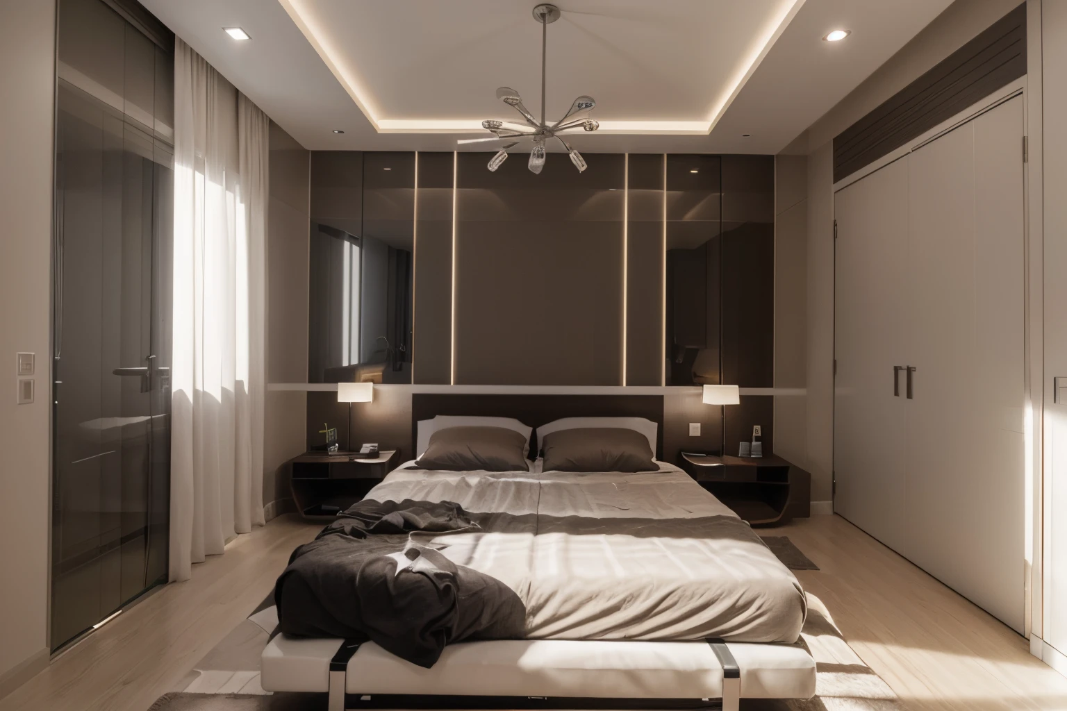 Imagine um ultramoderno, Dual-use rooms that optimize space and integrate advanced technology. Rooms are compact, Cama inteligente de parede，Can be controlled through the app, Elegante, Mesa flutuante com carregamento sem fio integrado, Janelas de vidro inteligentes，Sua tonalidade pode ser ajustada de acordo com a hora do dia. The style is ultra-modern, High-tech furniture, Smart lighting that syncs with your sleep cycle, and monochrome color scheme. The composition is a wide-angle shot, Efficient use of space and technology. Use photographic hyperrealism, altamente detalhado, and high-resolution 16k. –AR 16:9 –V 5.Tipo 2 original