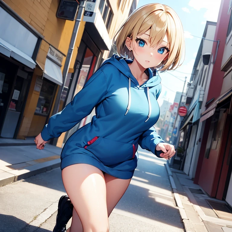 Girl, blue short, Unbuttoned Blouse, Blouse on a naked body, You can see her breasts, Bare breasts, chest visible, street background, Narrow passage between houses, night, rain, slim body, In full growth, Sneakers , Bare breasts, She threw open her hands, small breast