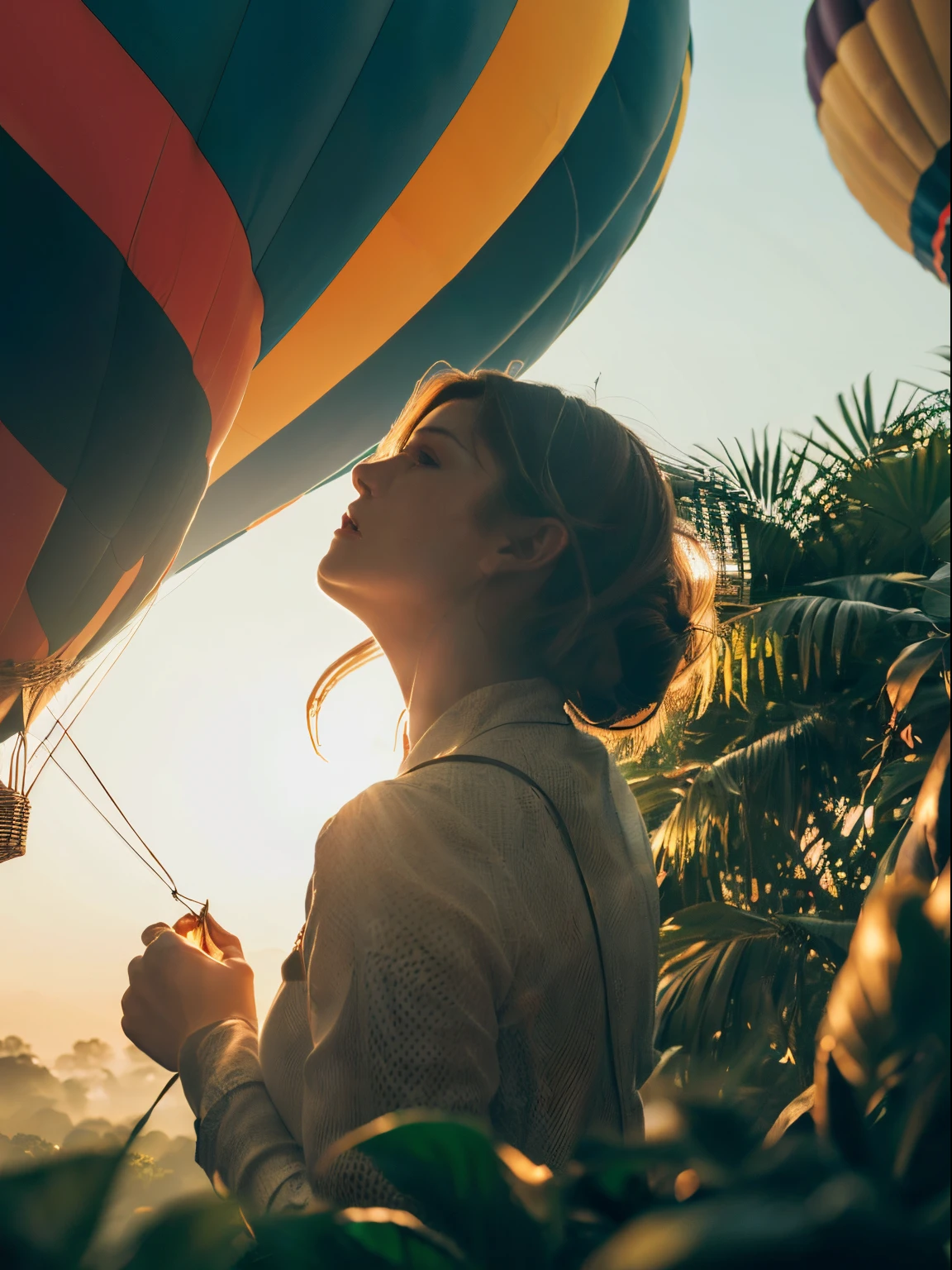 ((top-quality、in 8K、​masterpiece:1.3、Raw photo))、Super high quality photos, Hot air balloon flying high above the vast jungle, Under the balloon is a vast tropical jungle, (Photorealistic: 1.4), (hyper realisitic: 1.4), (Realistic: 1.3), (Smooth lighting: 1.05), (Improved film illumination quality: 0. 9), 32K, (Quality Improvement: 1.4), Cinematic lighting、((Hot air balloon flying high above the vast jungle)), ((A female idol looking down inside the cage of one of the hot air balloons)), ((Perfect beauty)), ((Slim and beautiful proportions)),