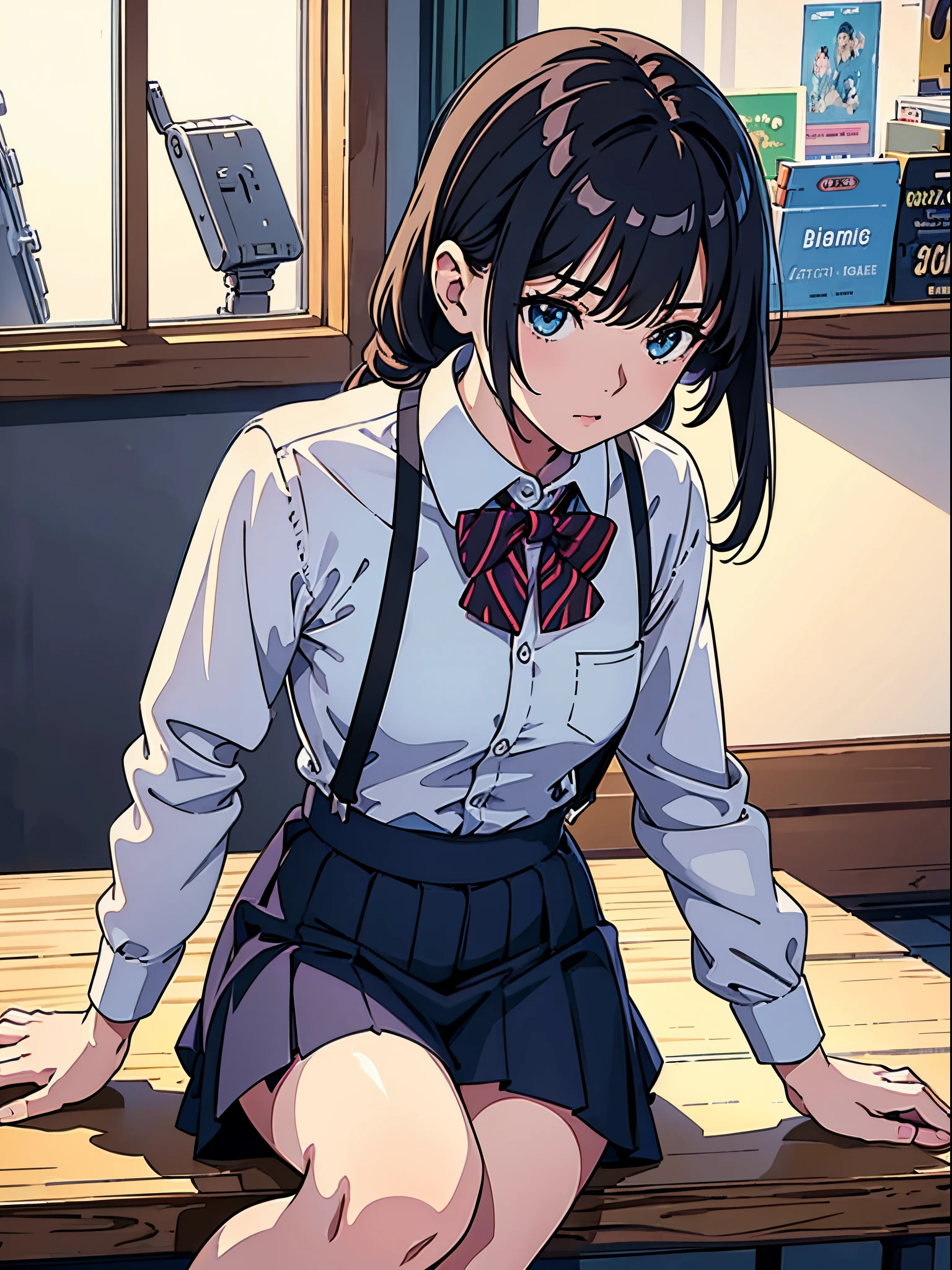 A woman wearing a shirt and JK skirt，With a tie，Wearing suspender stockings on the legs，Sit there，Exposing the abdomen，The figure is good，The head is not exposed，[ 4K realism ]!!, [ 4K realism ]!!!, [ 4K digital art ]!!, Realistic shadow perfect body, realisticlying!!!!!!! art-style, photorealistic anime, by Shitao, Popular topics on cgstation, Casual pose, realistic anime 3D style