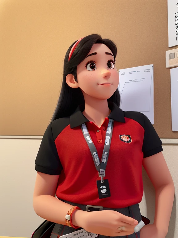 A cute girl with her red and black polo wearing her id and watch