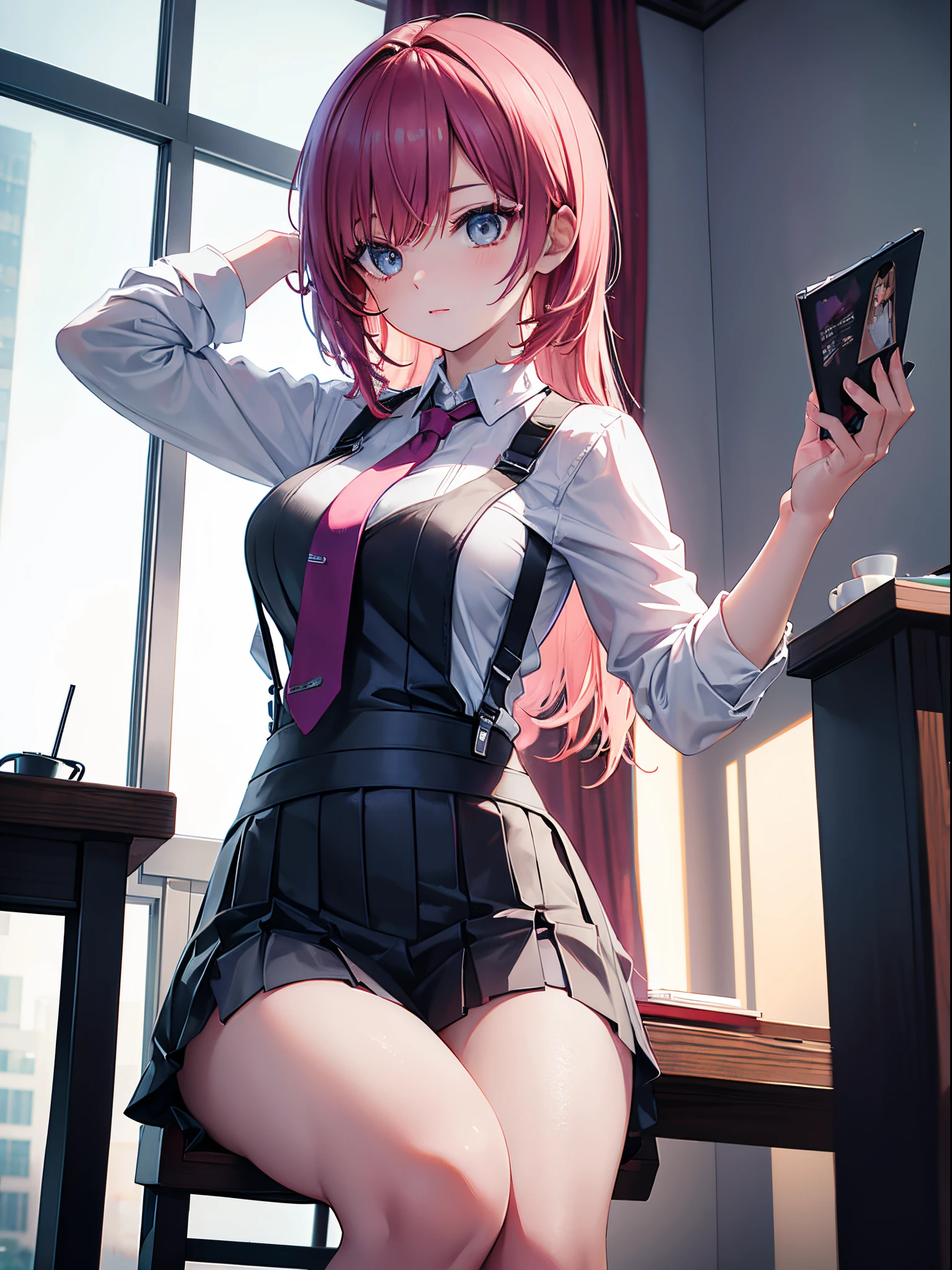 A woman wearing a shirt and a JK skirt, with a tie, wearing suspender stockings on her legs, sitting there, exposing her abdomen, with a great figure, her head not visible, [4K photorealistic]!!, [4K photorealistic]!!!, [4K digital art]!!, realistic shadows, perfect physique, lifelike!!!!!!! art style, photorealistic anime, by Shitao, popular topics on cgstation, casual pose, photorealistic anime 3D style