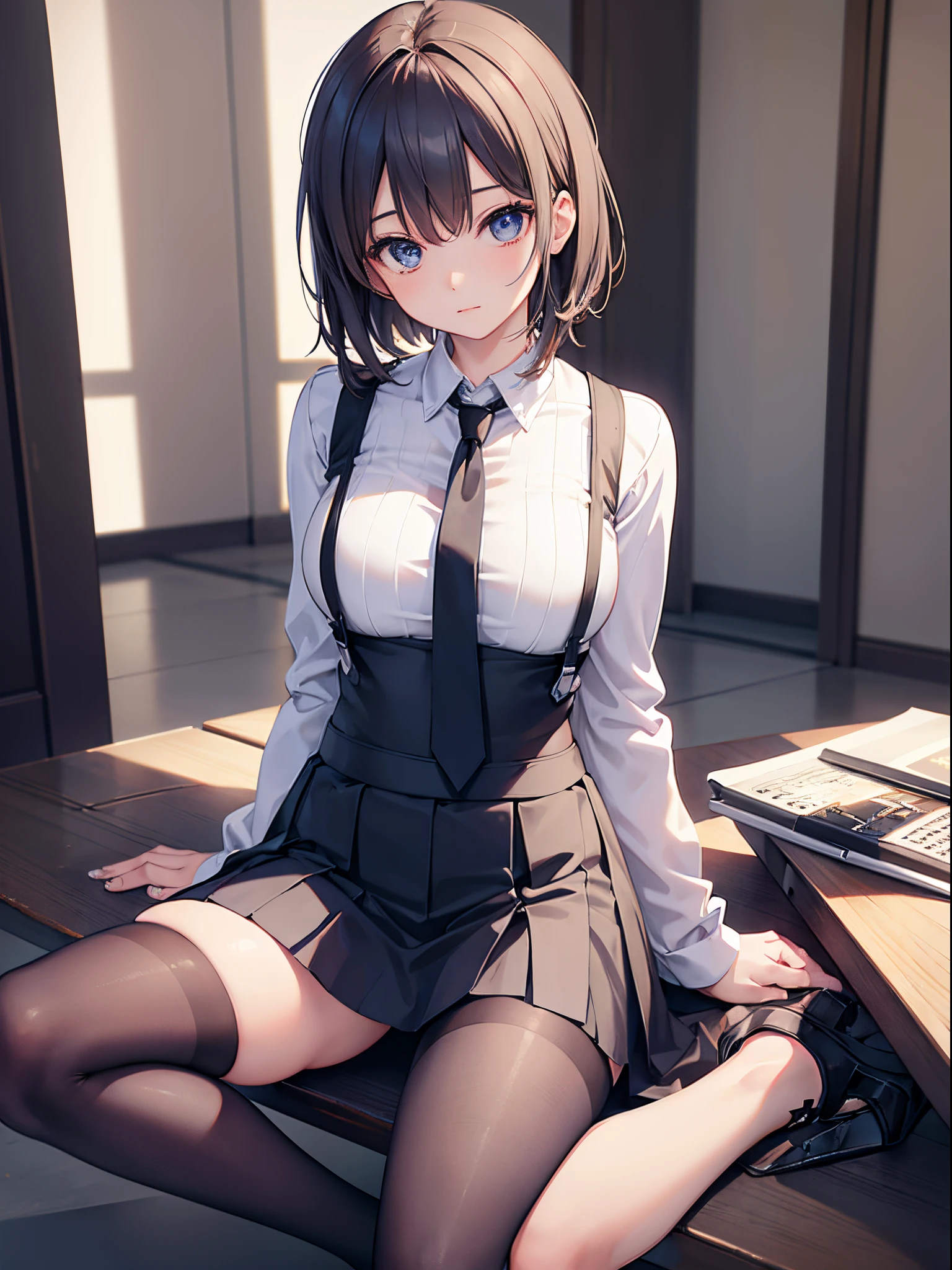 A woman wearing a shirt and a JK skirt, with a tie, wearing suspender stockings on her legs, sitting there, exposing her abdomen, with a great figure, her head not visible, [4K photorealistic]!!, [4K photorealistic]!!!, [4K digital art]!!, realistic shadows, perfect physique, lifelike!!!!!!! art style, photorealistic anime, by Shitao, popular topics on cgstation, casual pose, photorealistic anime 3D style