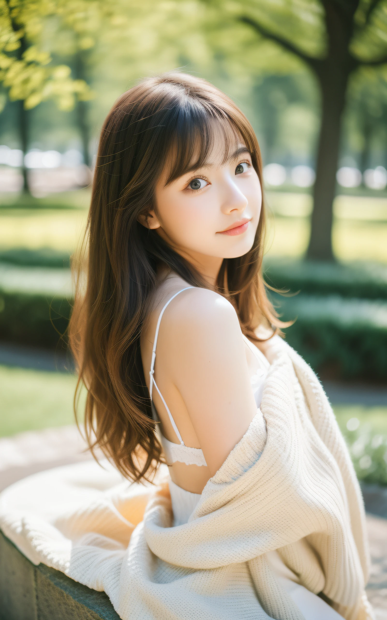 masterpiece, Best Quality, 8K, 1 girl, 20 yo, medium breast, cuddly, Solo, sad, spring outfit, park with fountain, Cute, Girly, Delicate girl, Neat and clean beauty, Raw photo, Professional Photography, Portrait, Soft light, Professional Lighting, Back lighting, Upper body, look forward to your eyes, Sophisticated, Film grain, (Eyes and faces with detailed:1.0), medium length floating hair, beautiful brown flowing hair,