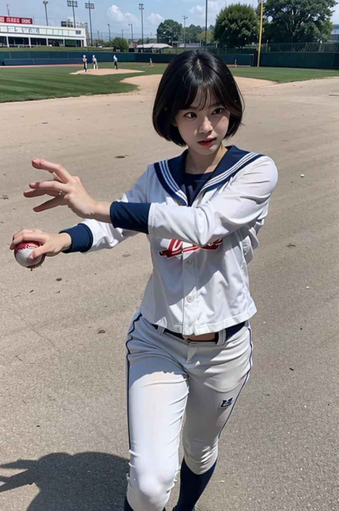 soio、alone、Full body posture、path to change、Morphing、A female baseball player transforms into a girl in a sailor suit、A female baseball player's baseball uniform transforms into a sailor suit、The strong, well-trained body becomes thinner.、short-hair、outside of house、