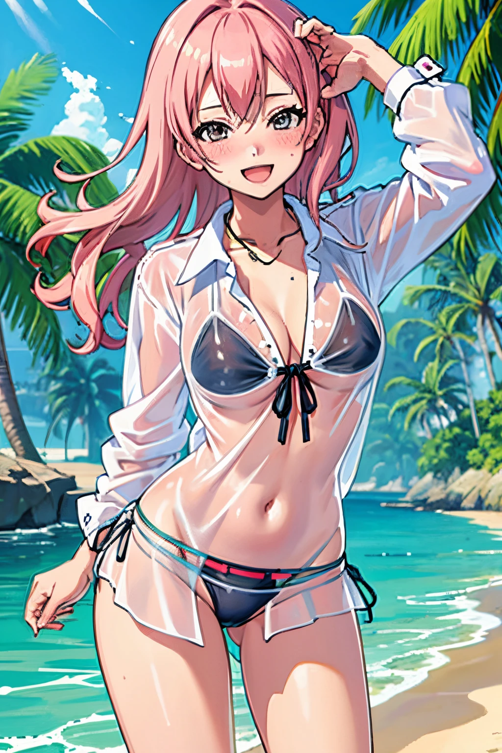 ((masutepiece, Best Quality)), Edge Quality,
Edgyvic,Bikini under clothes, 1girl in, Solo, Long hair, breasts, Looking at Viewer, blush, Smile, Open mouth,Swimsuit, White shirt, bikini of, Outdoors, day, Collared shirt, See-through, Wearing an edge vik