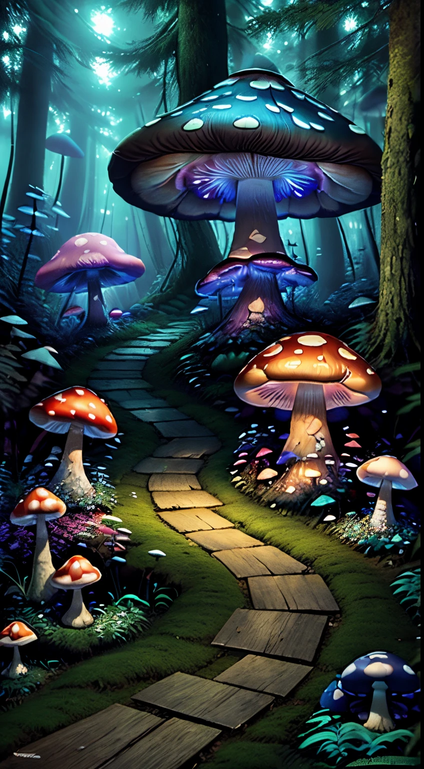 ShroomPunkAI。path in the dark forest。Glowing colorful mushrooms。