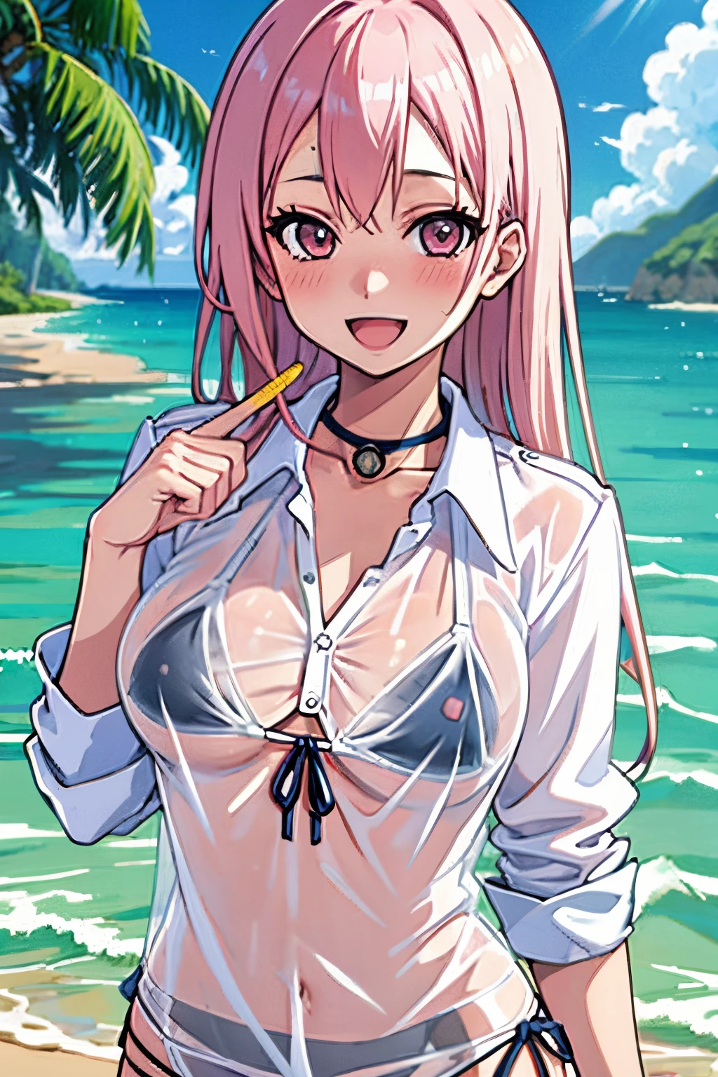 ((masutepiece, Best Quality)), Edge Quality,
Edgyvic,Bikini under clothes, 1girl in, Solo, Long hair, breasts, Looking at Viewer, blush, Smile, Open mouth,Swimsuit, White shirt, bikini of, Outdoors, day, Collared shirt, See-through, Wearing an edge vik