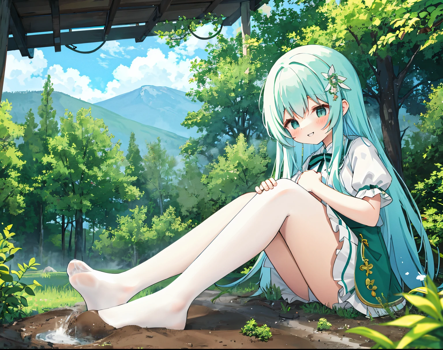 ,cloud, at a forest,mountain ranges,koyama, tmasterpiece, Best quality, The content is very detailed,tmasterpiece,Best quality,offcial art,extremely detaild的 CG unified 8k wallpapers,{{{A giantess}}},Huge girl,100 meters tall girl,1个Giant Breast Girl,Miniature village,without wearing shoes,grinning smile,Sitting in the forest ,Steam coming out of feet,