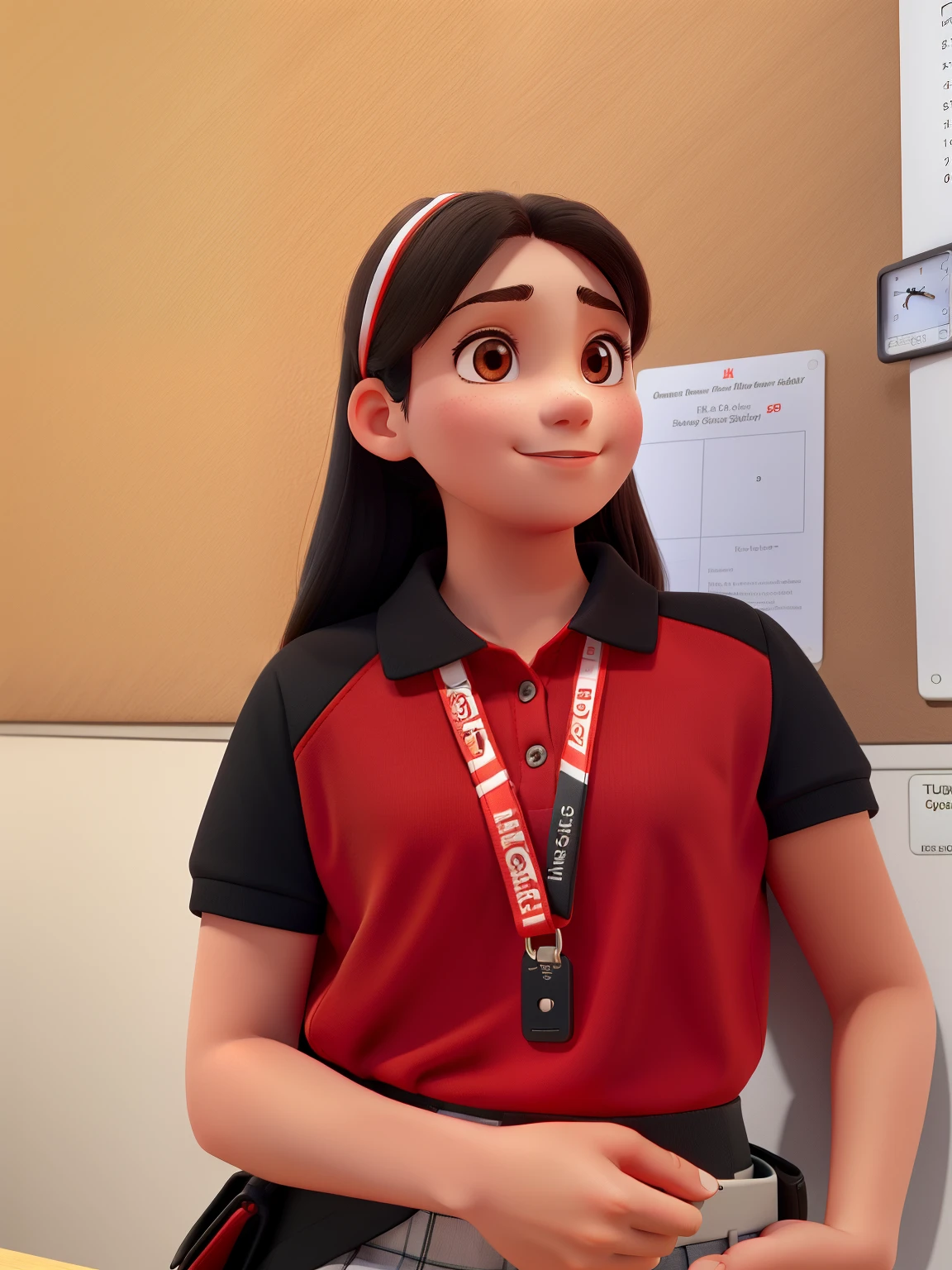 A cute girl with her red and black polo wearing her id and watch