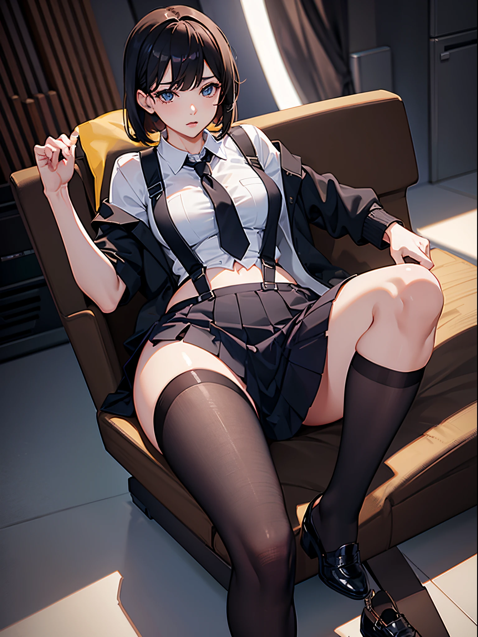 A woman wearing a shirt and JK skirt，With a tie，Wearing suspender stockings on the legs，Sit there，Exposing the abdomen，The figure is good，The head is not exposed，[ 4K realism ]!!, [ 4K realism ]!!!, [ 4K digital art ]!!, Realistic shadow perfect body, realisticlying!!!!!!! art-style, photorealistic anime, by Shitao, Popular topics on cgstation, Casual pose, realistic anime 3D style