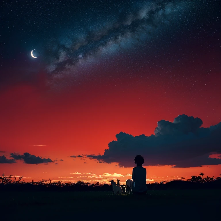 Makoto Shinkai anime style,Red background with moon and starry sky, Bright and dreamy foreground with a cartoon puppy
