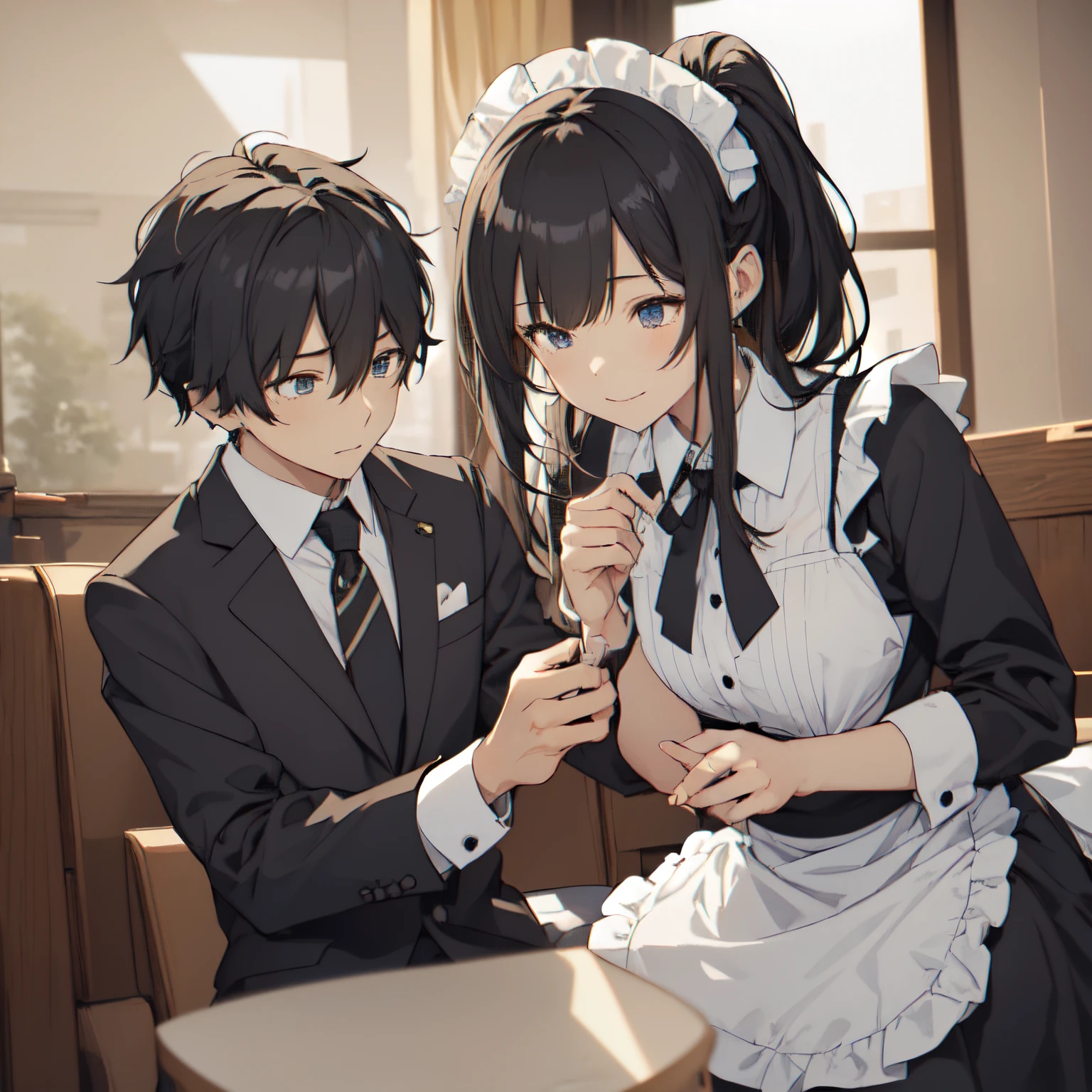 A boy with black hair、Girl in blonde maid outfit、I straighten the boy's tie.