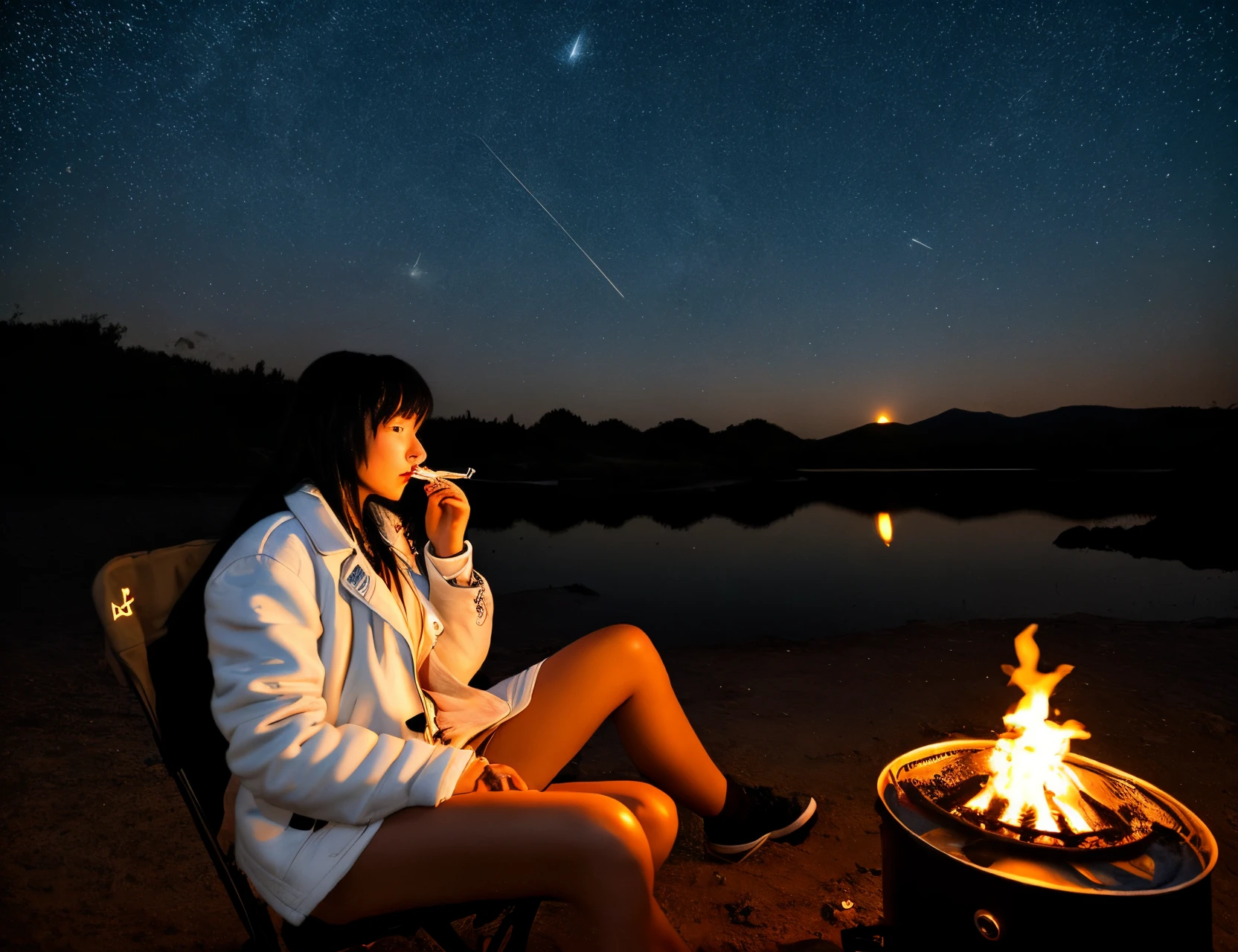 One girl, smoking shisha, exhaling smoke, big round eyes, long black hair, slicked back bangs, sitting on a camp chair, wearing a white boa jacket, kerosene stove nearby, starry sky