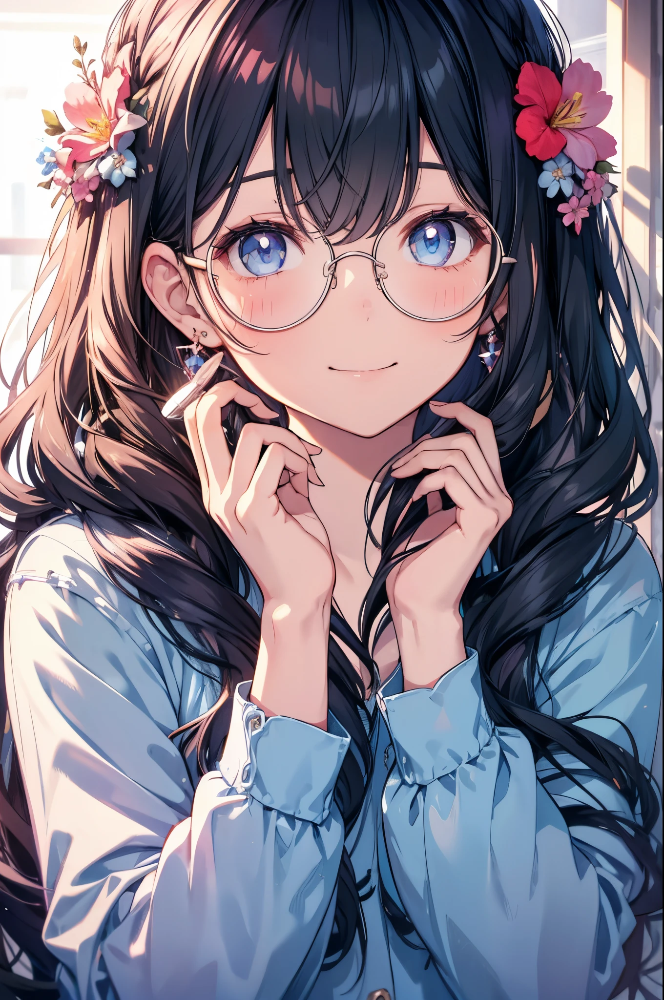 ((round glasses)), an image of a pretty girl in glasses, with a long hair, and a pretty flower in her hair, 1girl, solo, glasses, jewelry, looking at viewer, long hair, earrings, smile, bangs, blue eyes, black hair, hair ornament