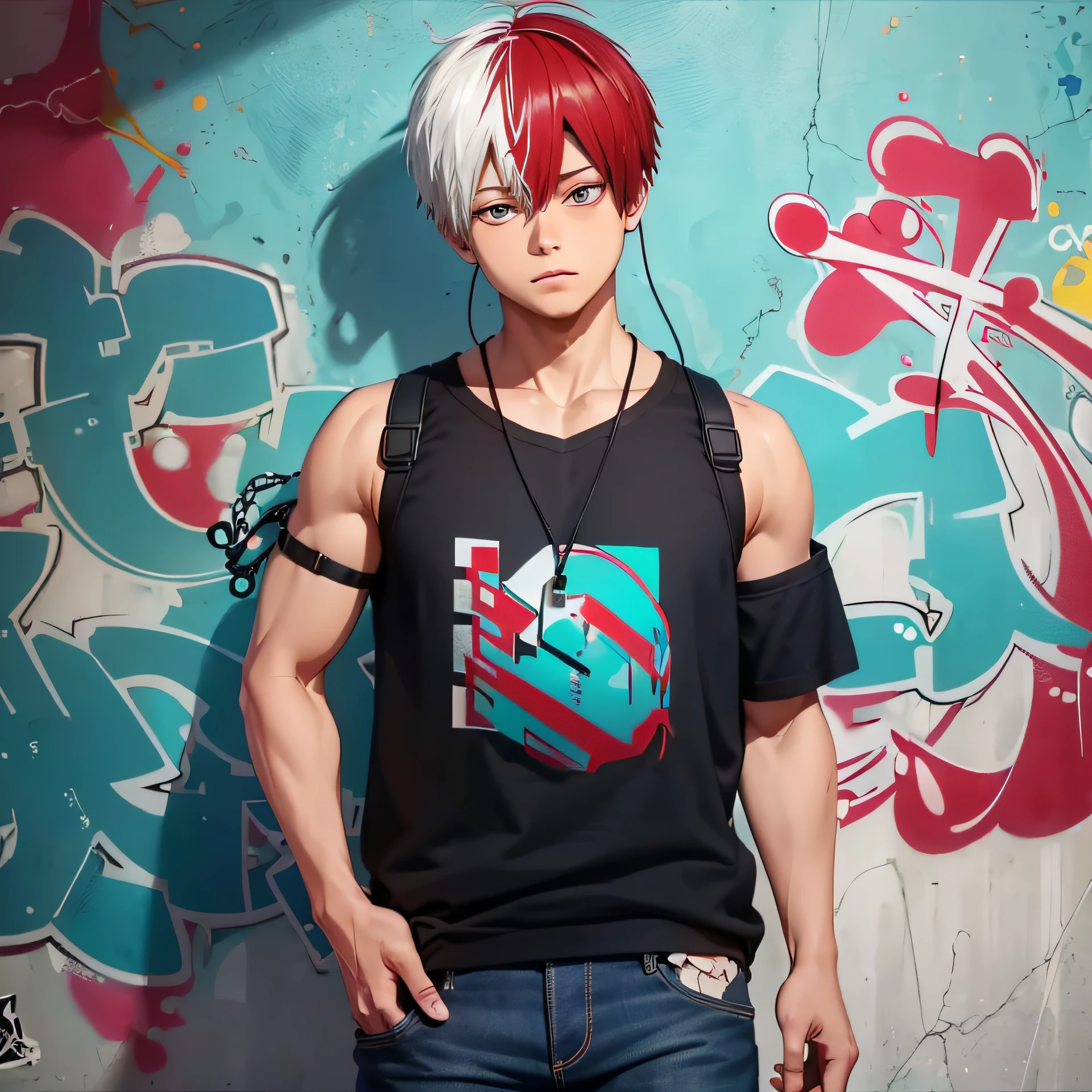 masterpiece, best quality, (extremely detailed CG unity 8k wallpaper, masterpiece, best quality, ultra-detailed, masterpiece, best quality, 1boy, solo, sando top, denim pants,  (graffiti:1.5), paint splatter, arms behind back, against wall, looking at viewer, armband, thigh strap, paint on body, head tilt, bored, multicolored hair, aqua eyes, headset, Shoto Todoroki , clear eyes,