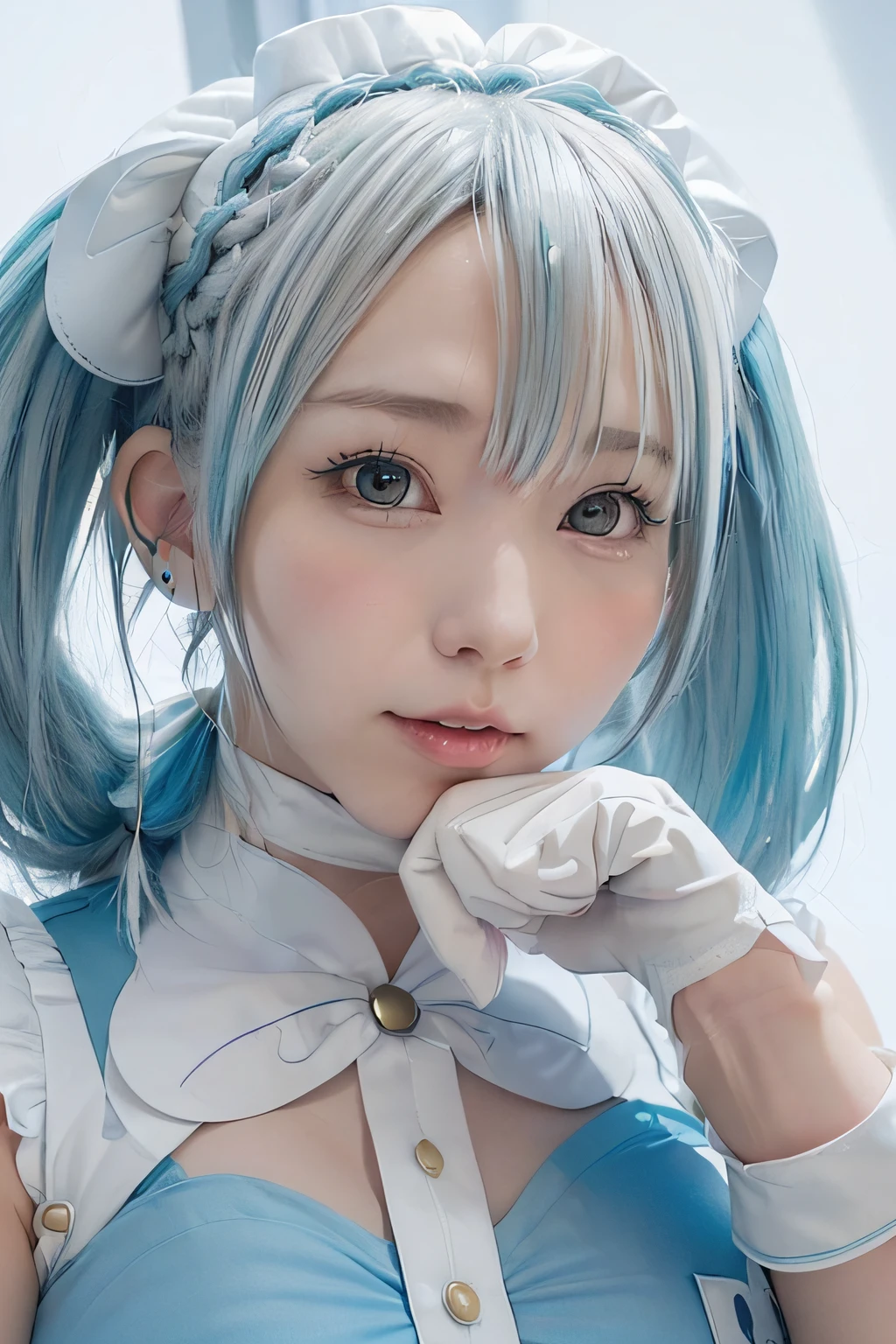 (masutepiece, Best Quality:1.2), 8K, 85 mm, Raw photo, absurderes, (Woman in blue and white costume posing for a photo, Hatsune Miku Cosplay, Anime girl cosplay, Hatsune Miku, VOCALOID, Portrait of Hatsune Miku, Anime Cosplay, Mikudayo, Miku, hatsune miku portrait, hatsune miku short hair, cosplay foto, Cosplay, twintails white_gloves, cosplayer,:1.8), white hair, Gradient Dresses, Delicate girl, Upper body, Close-up Face, Shiny skin, 13years、Slimed1People Girls, view the viewer, nffsw, Sharp Focus, Particle, twilight sky, Detailed cute face and light brown eyes, White and light blue hair, Simple background,nakeness,(close up to face, Enlarge your face, Face Focus:1.5)