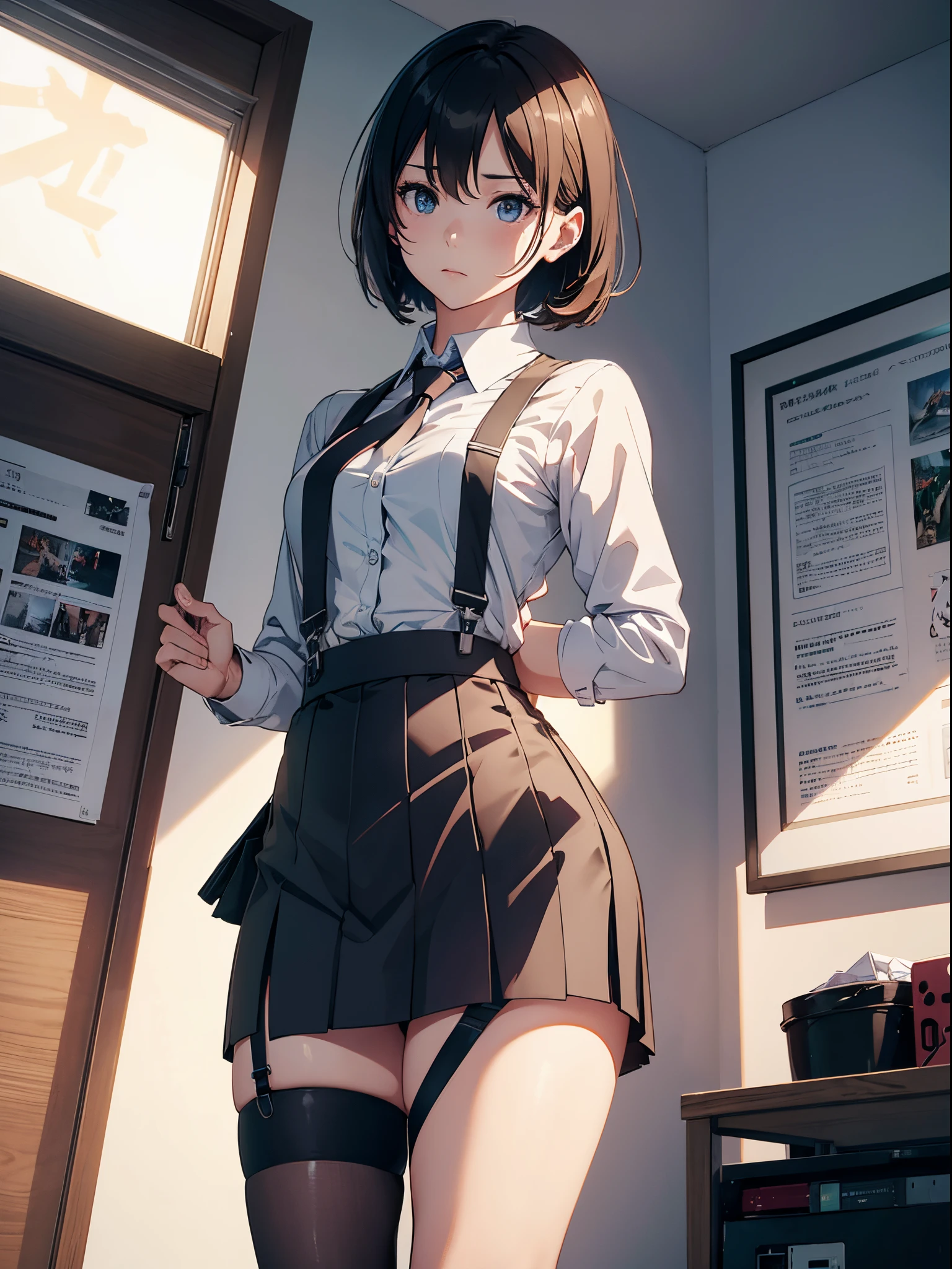 A woman wearing a shirt and JK skirt，With a tie，Wearing suspender stockings on the legs，Sit there，Exposing the abdomen，The figure is good，The head is not exposed，[ 4K realism ]!!, [ 4K realism ]!!!, [ 4K digital art ]!!, Realistic shadow perfect body, realisticlying!!!!!!! art-style, photorealistic anime, by Shitao, Popular topics on cgstation, Casual pose, realistic anime 3D style