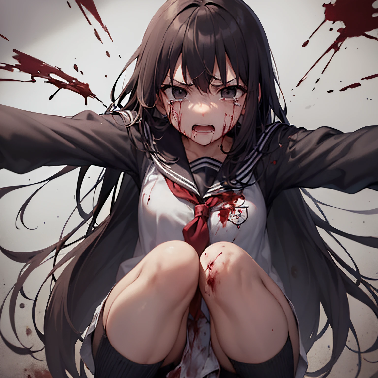 masutepiece, Best Quality, hight resolution, 1girl in, Shaded face, Black hair, Pretty, malformed, ((Black eyes)), arms in arms, ((Crying)), Tears run down my cheeks, (((He wears a sailor suit with blood splattered on it, blood splashing))), (Long hair), (angry), Looking at Viewer, Centered, (In view)、full body Esbian、brandish a knife