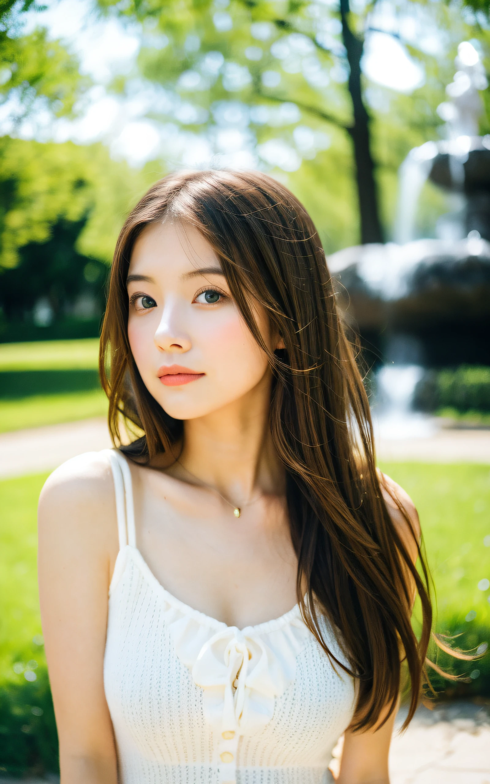 masterpiece, Best Quality, 8K, 1 girl, park with fountain, 20 yo, medium breast, cuddly, Solo, sad, spring outfit, Cute, Girly, Delicate girl, Neat and clean beauty, Raw photo, Professional Photography, Portrait, Soft light, Professional Lighting, Back lighting, Upper body, look forward to your eyes, Sophisticated, Film grain, (Eyes and faces with detailed:1.0), medium length floating hair, beautiful brown flowing hair,