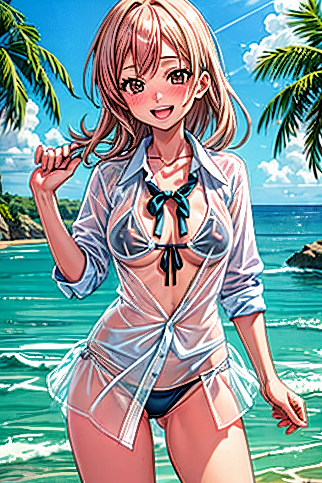 ((masutepiece, Best Quality)), Edge Quality,
Edgyvic,Bikini under clothes, 1girl in, Solo, Long hair, breasts, Looking at Viewer, blush, Smile, Open mouth,Swimsuit, White shirt, bikini of, Outdoors, day, Collared shirt, See-through, Wear an edge bike