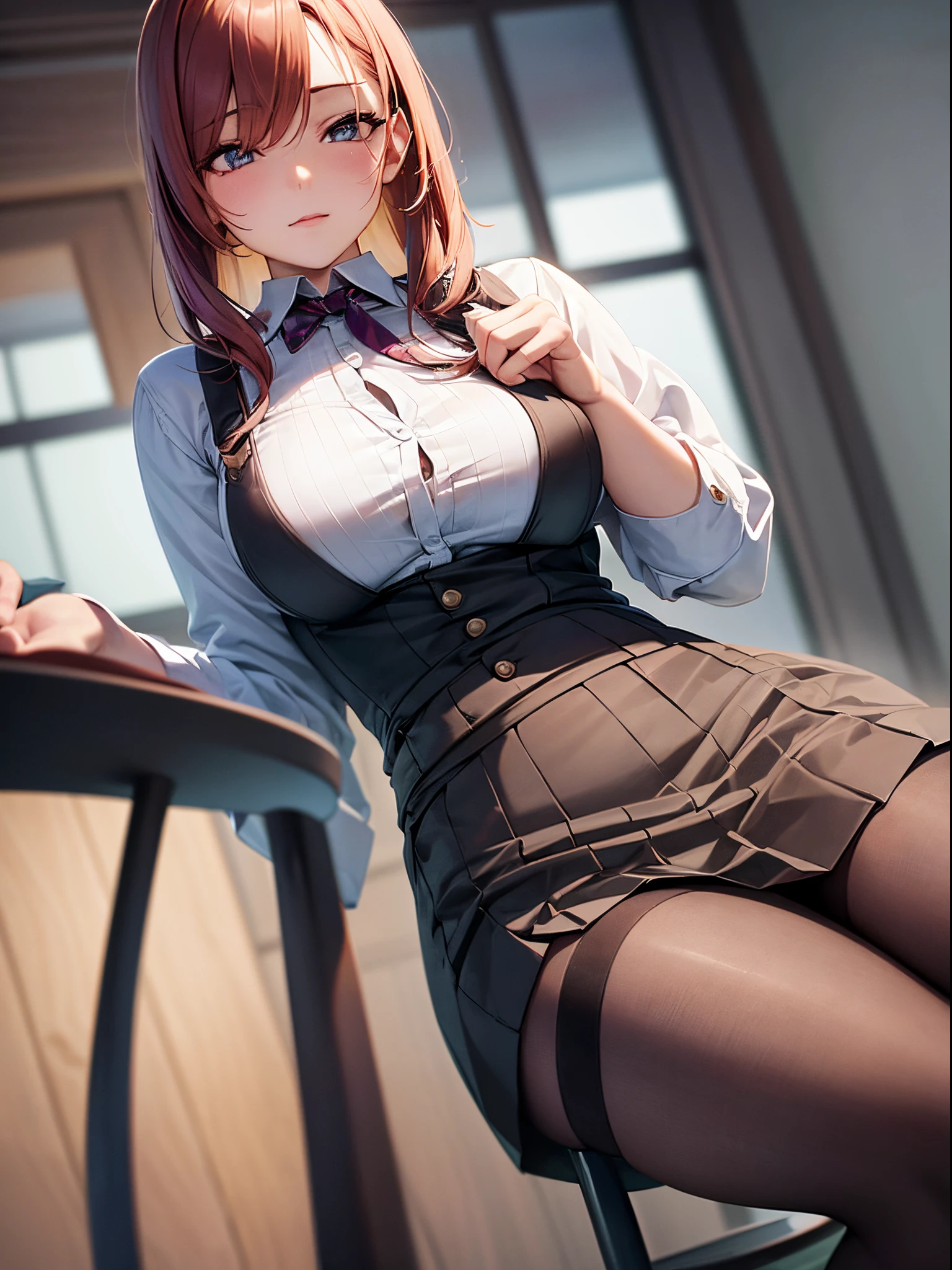(Best Quality, Ultra-detailed, anime image, Game CG, art cg, Photorealistic, 电影灯光, Perfect Shadow, realistic lighting shaded, Unity 8k壁纸), Hiroko Takashiro, Red hair,,Large breasts,Long hair,maturefemale,(Purple eyes), Perfect eyes, Perfect face, earrings, Shirt, Jacket, black thighhighs, (purple garter belt:1.1), zettai ryouiki, pencil skirts, School uniform, high-heels, keji,nose blush,Looking at Viewer,Sexy Pose,in Staff room,holding mechanical pencil,Sitting in a chair,Spread legs,