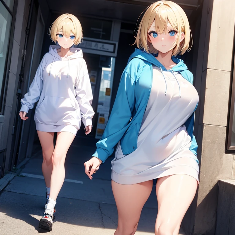 2D Anime Style、Blue eyes、breasts are slightly larger、A cool adult woman with short blonde hair and a cool expression、Walking around town wearing an oversized white knee-length hoodie like a dress.........,