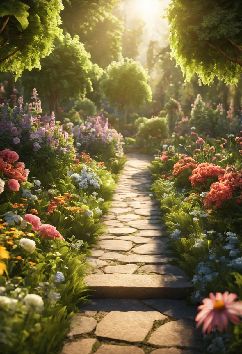 (extremely detailed CG unity 8k wallpaper, masterpiece, best quality, ultra-detailed), (best illumination, best shadow, an extremely delicate and beautiful), flower garden, lush greenery, sunlight streaming through, depth of field, warm and inviting ambiance.