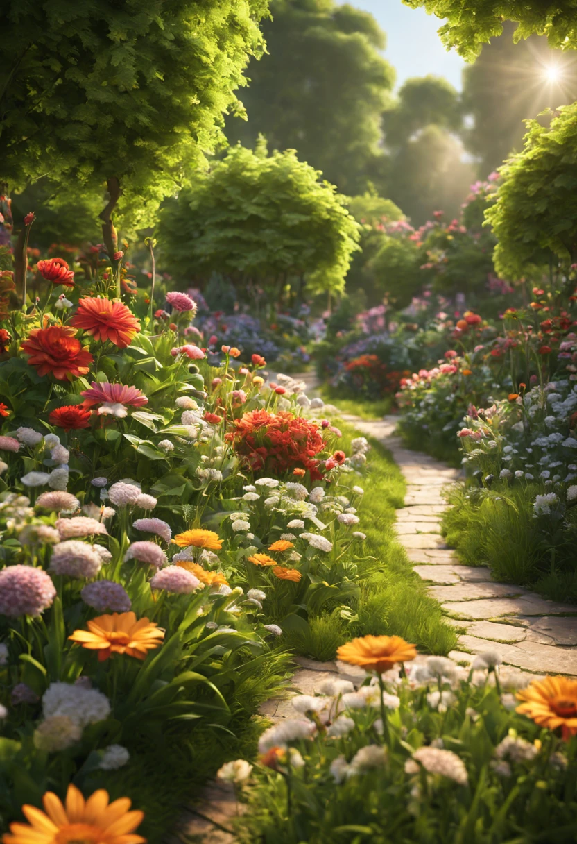 (extremely detailed CG unity 8k wallpaper, masterpiece, best quality, ultra-detailed), (best illumination, best shadow, an extremely delicate and beautiful), flower garden, lush greenery, sunlight streaming through, depth of field, warm and inviting ambiance.