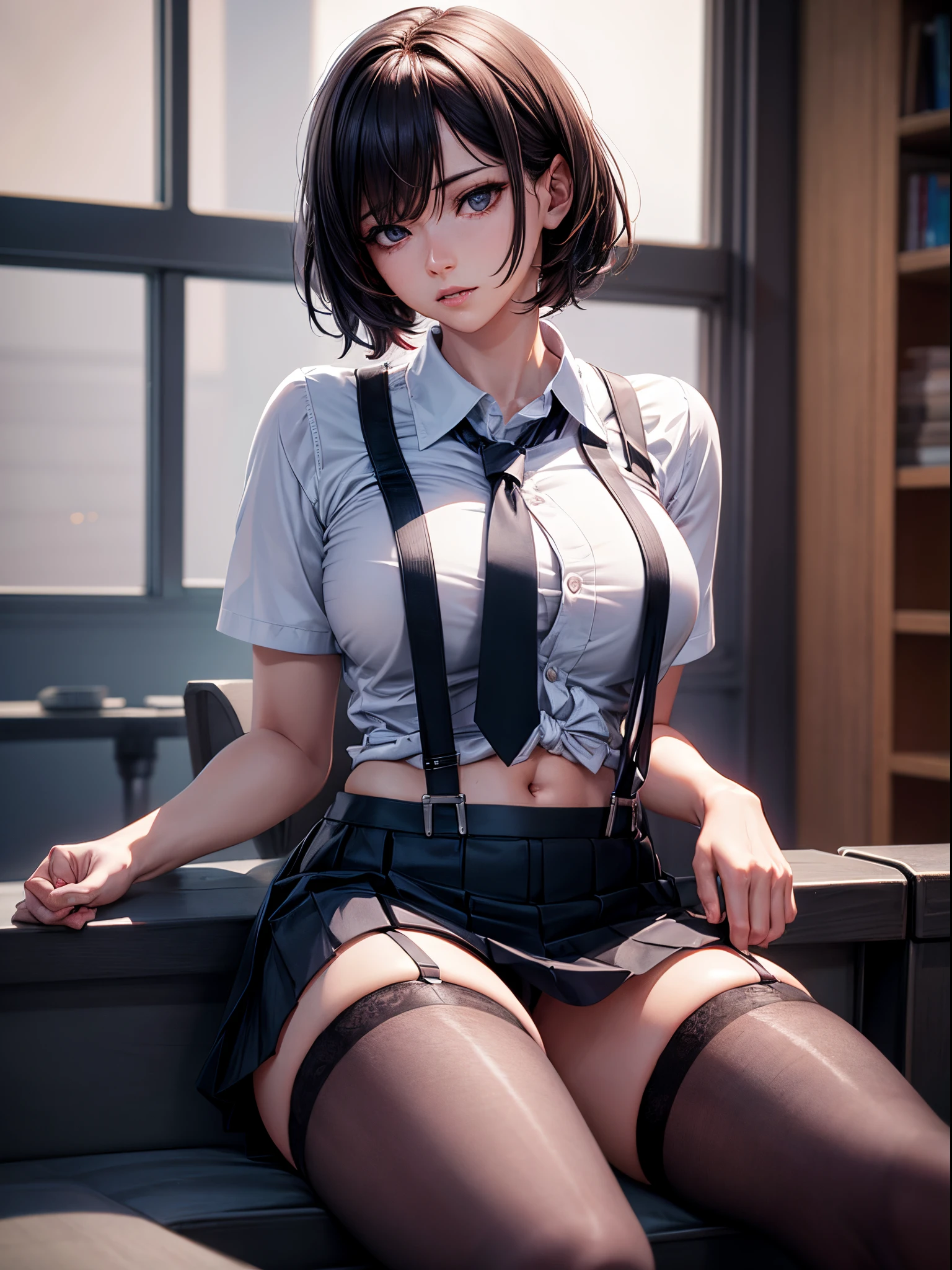 A woman wearing a shirt and JK skirt，With a tie，Wearing suspender stockings on the legs，Sit there，Exposing the abdomen，The figure is good，The head is not exposed，[ 4K realism ]!!, [ 4K realism ]!!!, [ 4K digital art ]!!, Realistic shadow perfect body, realisticlying!!!!!!! art-style, photorealistic anime, by Shitao, Popular topics on cgstation, Casual pose, realistic anime 3D style