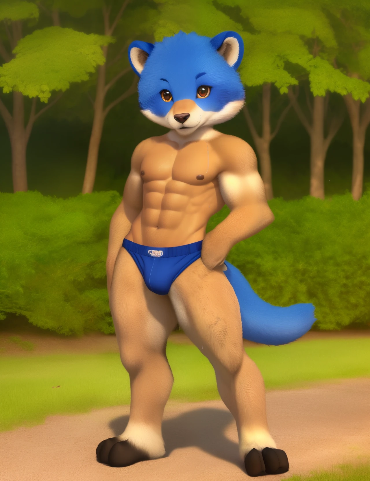 (((young))), (((cub))), (((shota))), (((child))), (((boy))), (((cute))), abs,  thick tail, wide hips, thick thighs, nipples, furry, kangaroo, rick griffin, anthro, solo, male, 3d, realistic, detailed background, , balls, erection, precum string, , looking at viewer, blue eyes, tan fur, big head, big eyes, freckles, happy, buckteeth, full body view, full body frame, feet in view, feet in frame, head tuft, chest tuft, crotch tuft, wet, sweat, park, standing, hind legs, 3 toes feet