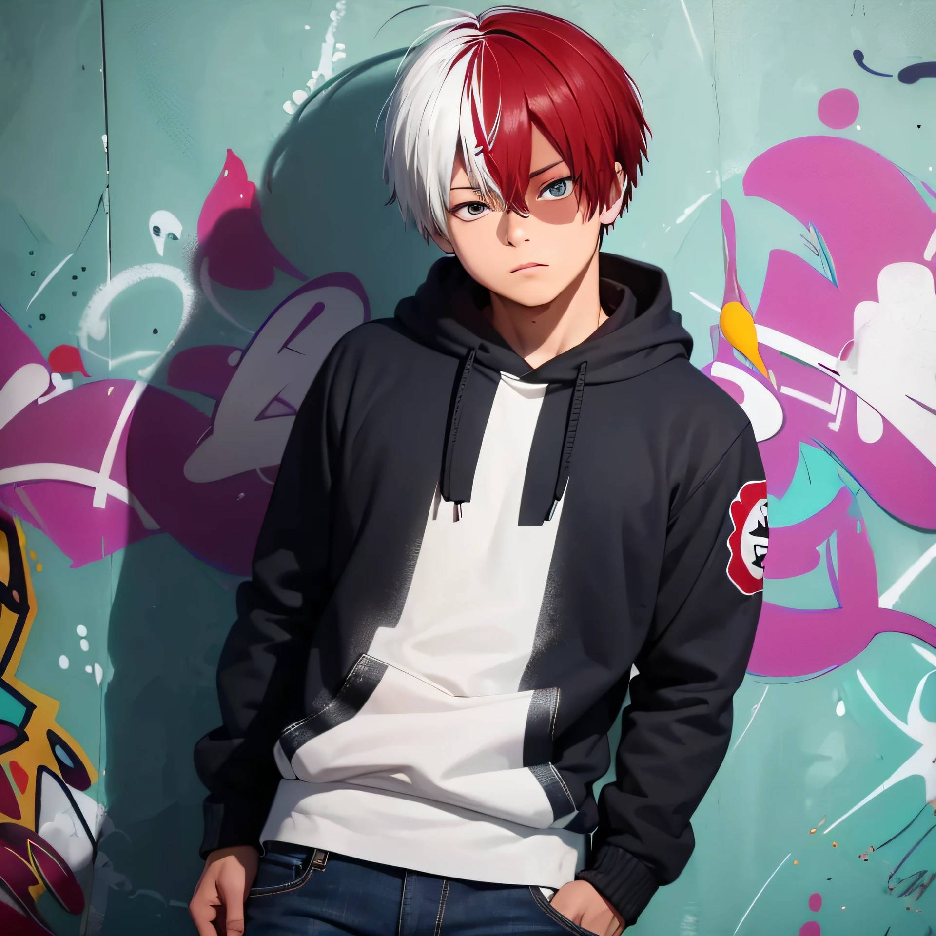 masterpiece, best quality, (extremely detailed CG unity 8k wallpaper, masterpiece, best quality, ultra-detailed, masterpiece, best quality, 1boy, solo, hoodie jacket top, denim pants, (graffiti:1.5), paint splatter, arms behind back, against wall, looking at viewer, armband, thigh strap, paint on body, head tilt, bored, multicolored hair, aqua eyes,Shoto Todoroki , clear eyes,