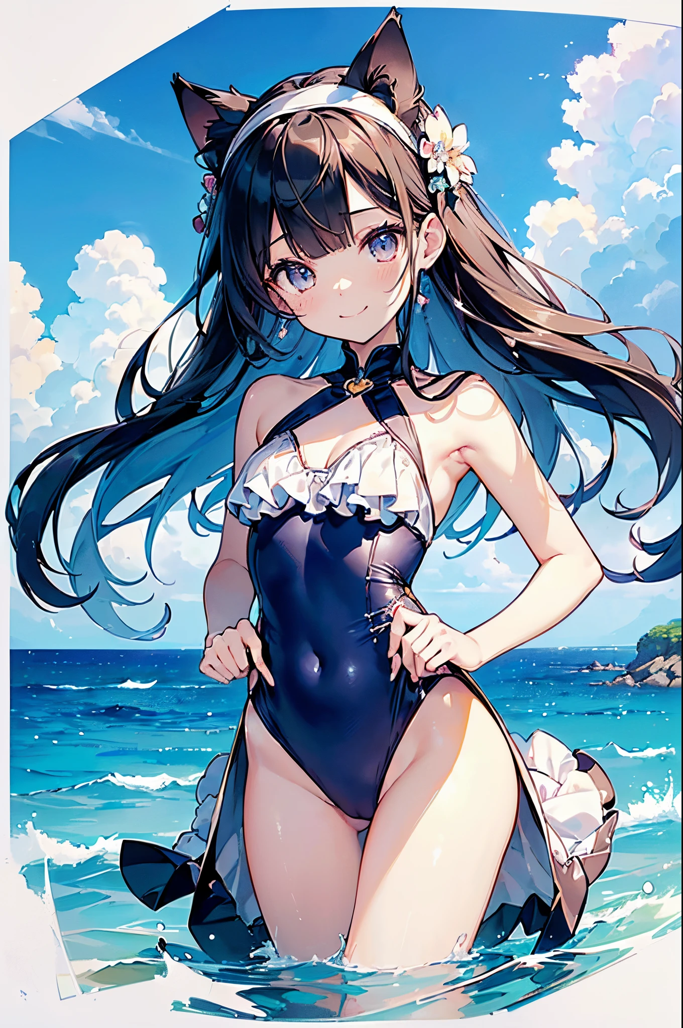 ((2D beautiful girl、top-quality、Perfect fingers:1.1、perfect anatomia:1.1、Dress perfectly、face perfect：1.1、Beautiful illustration))、(transform sequence)、((cute decorative headbands、Idol style swimsuit)、ars、Solio、hime、Fractal Art、babye、((sht long hair))、(Thin and beautiful legs)、Beautiful big drooping eyes、（full body photographed：1.1、Zoom out and shoot）、((1 persons))、Blue sky and sea background、Cat's ears、A smile