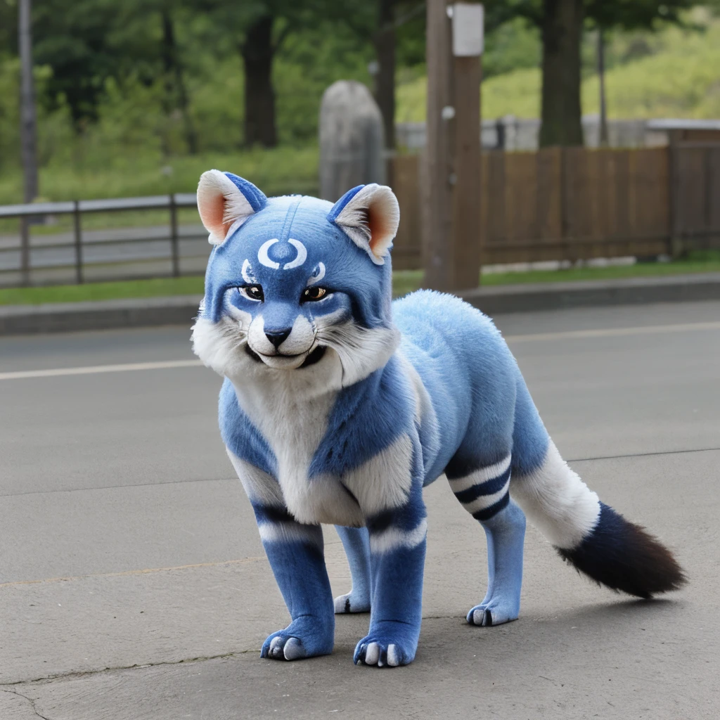 1boy, long hair, ahoge, bangs, heterochromia, animal ear fluff, animal ears, animal nose, two-tone fur, whiskers, white fur, body fur, cat boy, cat tail, glossy shiny fursuit, claws, smile, furry male, camouflage jacket, full body, blush, claw pose
