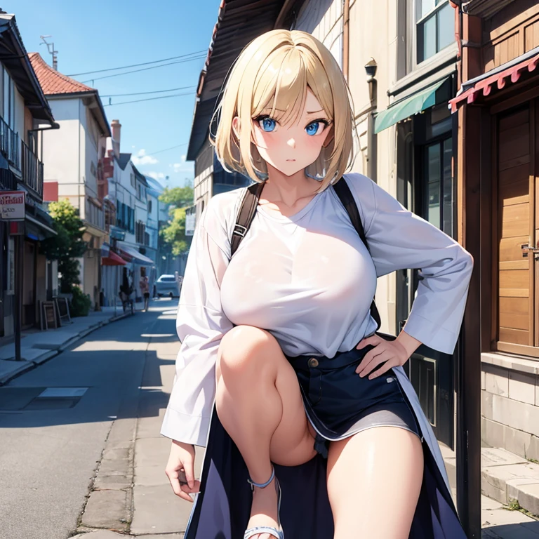 2D Anime Style、Blue eyes、breasts are slightly larger、A cool adult woman with short blonde hair and a cool expression、making a gesture of combing his hair、Walking around town wearing a knee-length oversized white shirt like a dress.........,