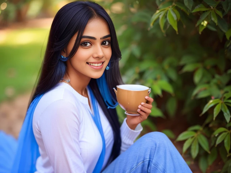 photo beautiful long black hair indian girl with narrow sexy white pullover top and blue jeans drinking blue colour tea out of a clear tea cup, tree in background bokeh, croped in portrait, smiling happy, canon d1 85 mm