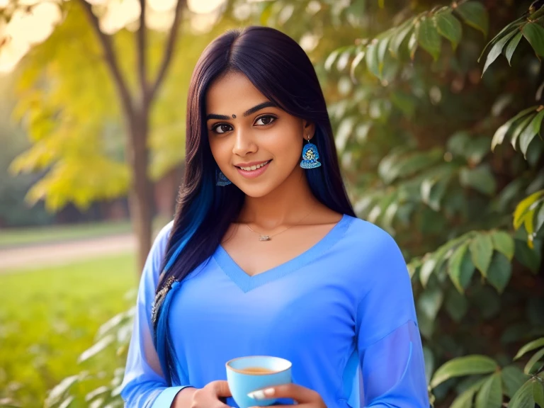 photo beautiful long black hair indian girl with narrow sexy white pullover top and blue jeans drinking blue colour tea out of a clear tea cup, tree in background bokeh, croped in portrait, smiling happy, canon d1 85 mm