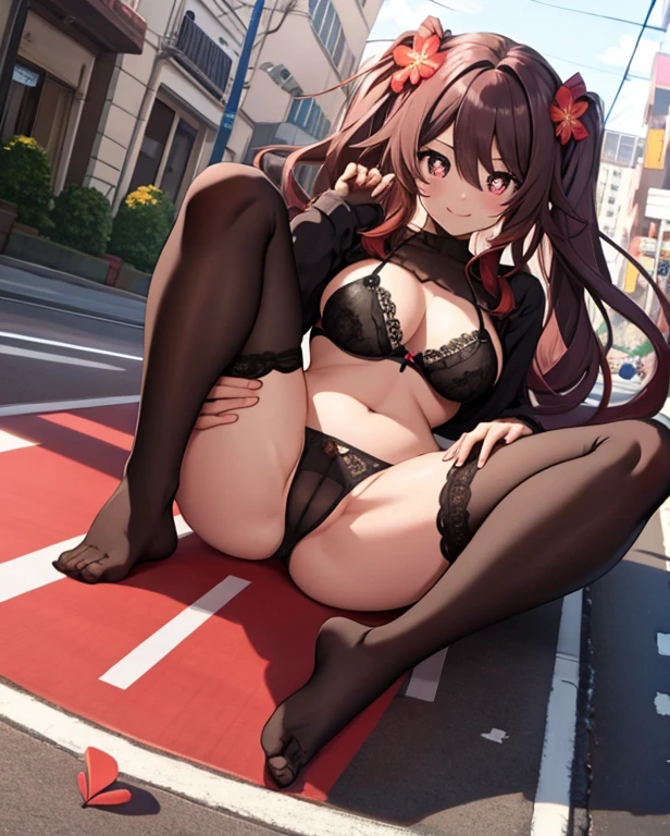the street,one-girl,ssmile,flower shaped pupils,Heart shaped bra and panties exposed,Panties are tight,spread your legs,hand out panties,Surrounded by a lot of people