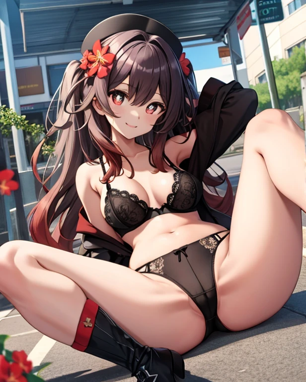 the street,one-girl,ssmile,flower shaped pupils,Heart shaped bra and panties exposed,Panties are tight,spread your legs,hand out panties,Surrounded by a lot of people