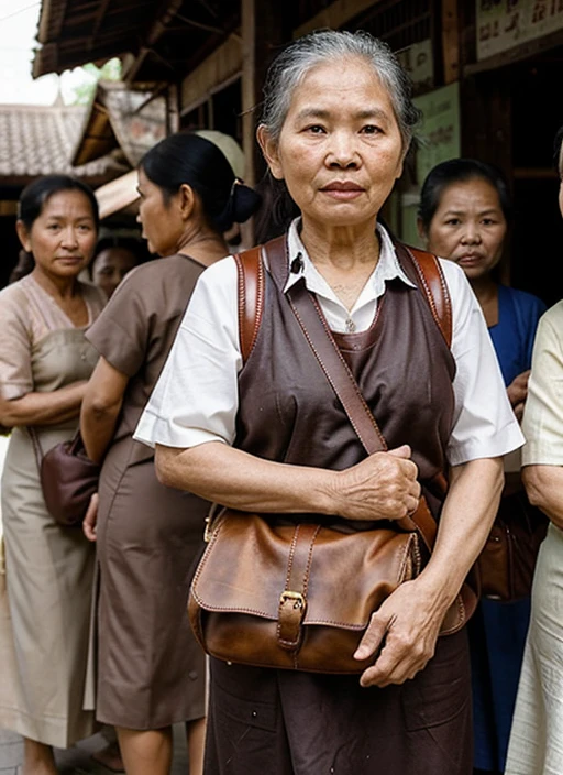 Old Thai woman  Carrying an expensive leather bag  Standing among a group of old women who looked surptise.