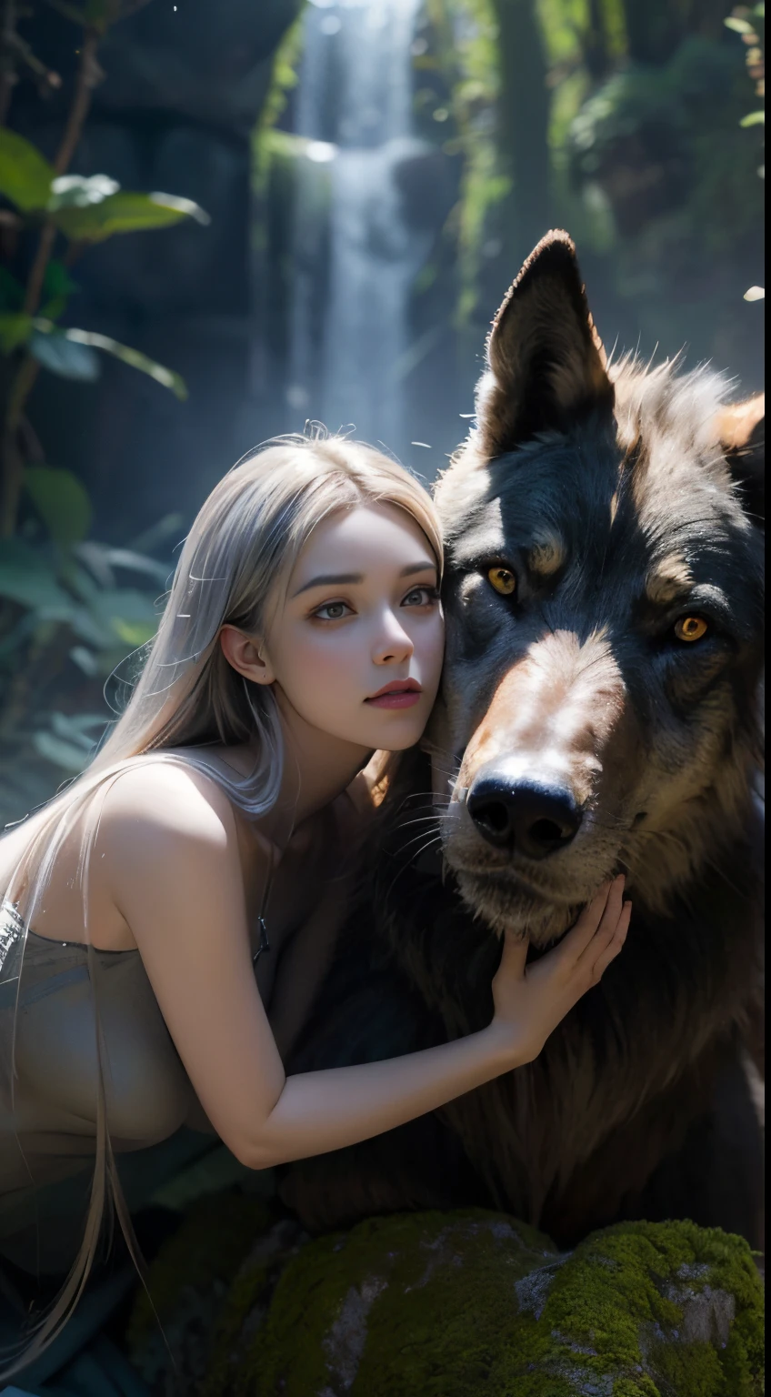 Unparalleled 8K Ultra HD professional photos，Proving the pinnacle of artistic vision, Set in a fascinating fantasy kingdom. At the center of this realm is a 19-year-old girl, The body is beautiful，Long silver hair as soft as a waterfall，Twinkle with starlight. Her existence is a harmonious contradiction: Although her face exudes innocence, her pale hands, Capture exquisite details, Not only visually striking，and is filled with narratives about her demonic legacy., Every line and curve tells of her ancient ancestry. Beside her stood a majestic, Mysterious giant wolf, a noble companion，Her presence complements her own powerful essence. Their bond is extraordinary, exuding a pure joy，
The scene is bathed in brilliant natural light，not only illuminate，also enhances the surreal elements of this otherworldly environment. Light shines through her hair, dance around her horns, and cast a noble light upon her fearsome wolf companion., Vibrant and fantastic background. This composition is a subtle interplay of light and shadow, Increase depth and dimension, Make every texture so vivid，Make it feel tangible.
This photo is more than just a visual feast; It&#39;s an immersive experience. The audience is not only observing，And are taken into a world where the lines between reality and fantasy are blurred, moved by beauty, mistic, and the inner joy of this demon girl and her mythical wolf. This is a depiction that transcends media, Capturing the essence of their otherworldly existence in a moment frozen in time.