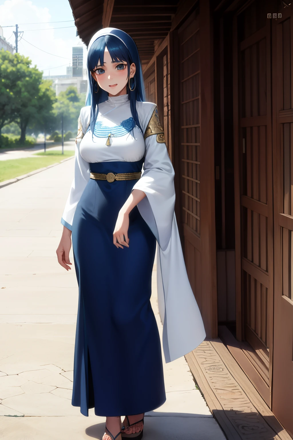 Cute girl, wearing a long galabiya, djellaba, Blue hair, Adult girl, sexy, Ornate Arabic galabiya