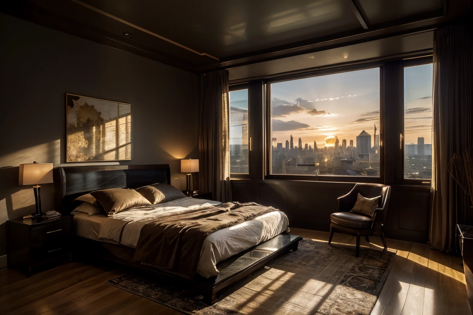 Visualize an exquisitely detailed modern bedroom with a dark-themed aesthetic. Envision sleek furniture, matte textures, and ambient lighting casting atmospheric shadows. Pay attention to minute details like the grain of wood, subtle reflections on surfaces, and the interplay of light and shadow.
Immerse the room in a dark color palette, utilizing deep tones to create a sense of sophistication and mystery. Incorporate elements like minimalist décor, abstract art, or subtle patterns on furnishings to add complexity without overwhelming the scene.
Now, imagine the bedroom at the golden hour, with warm sunlight streaming through large, strategically placed windows. The view from these windows should be nothing short of spectacular—perhaps an urban skyline, serene landscape, or a combination of both. Capture the warm hues of the golden hour bathing the room in a soft, ethereal glow, creating a captivating contrast with the dark interior.
Consider the details outside the windows: distant city lights, the sun setting on the horizon, or natural elements that add depth to the view. Highlight the transitional moment of the golden hour, where the interplay of light and dark creates a unique and enchanting atmosphere within the room.
This prompt aims to inspire a highly detailed depiction of a dark-themed modern bedroom with a spectacular view during the golden hour, blending sophistication, mystery, and the warmth of natural light.
