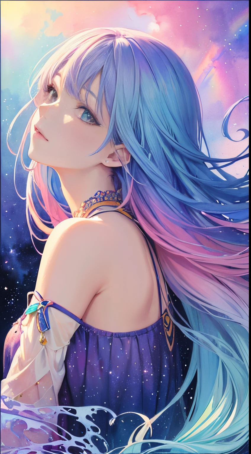 (masterpiece, top quality, best quality,watercolor (medium),official art, beautiful and aesthetic:1.2),(1girl:1.3), (fractal art:1.3),upper body, from side, looking at viewer,patterns,(rainbow color Hair,colorful hair,half blue and half pink hair:1.2),water,liquid, cloud,colorful, starry,stars,