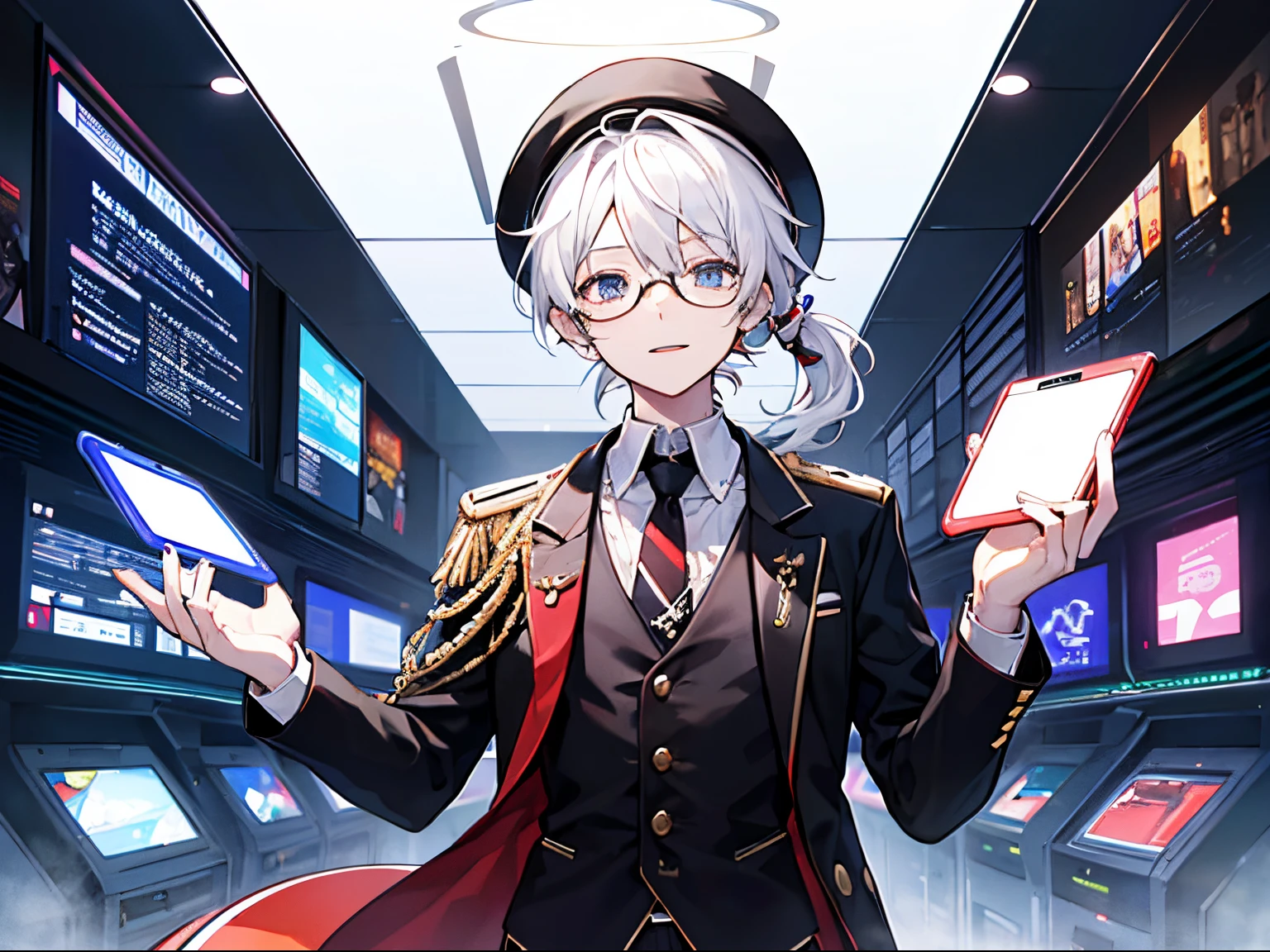 (masutepiece)(high-detail)male in his 20s、white hair、poneyTail、Hats、tailcoat、neck tie、He wears round glasses with no rims、holding a smartphone in one hand、bright expression、Happily、Background with(It's like science fiction、Computer LCD screen floating、He is trying to touch the LCD screen with one hand.)
