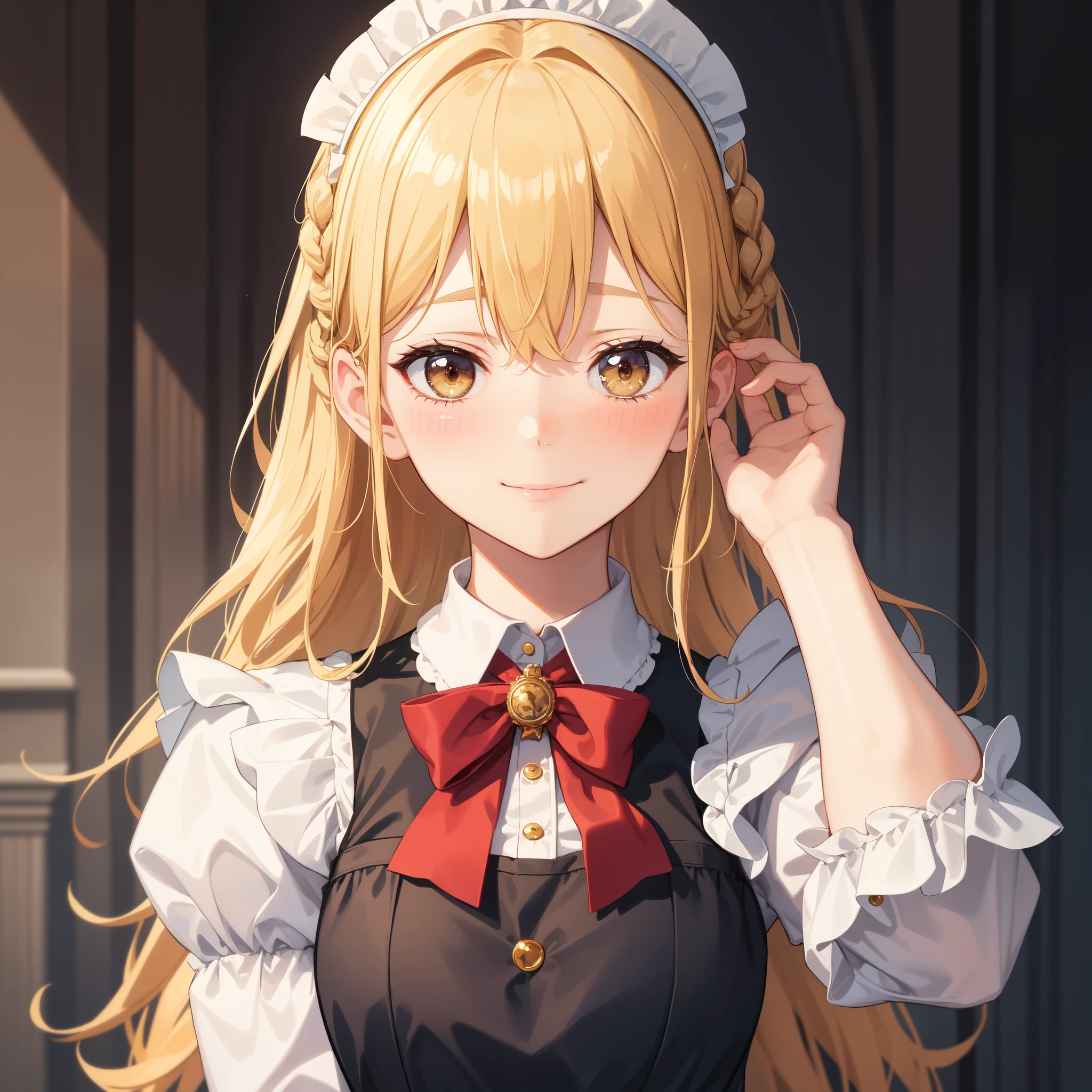 (masterpiece, best quality, absurdres), maid, golden blonde hair, braided hair, Victorian gothic maid uniform, full sleeves, very shy, embarrassed, timid smile, (blushing), tucking her hair behind ears pose, cute, looking at viewer, upper body, closeup