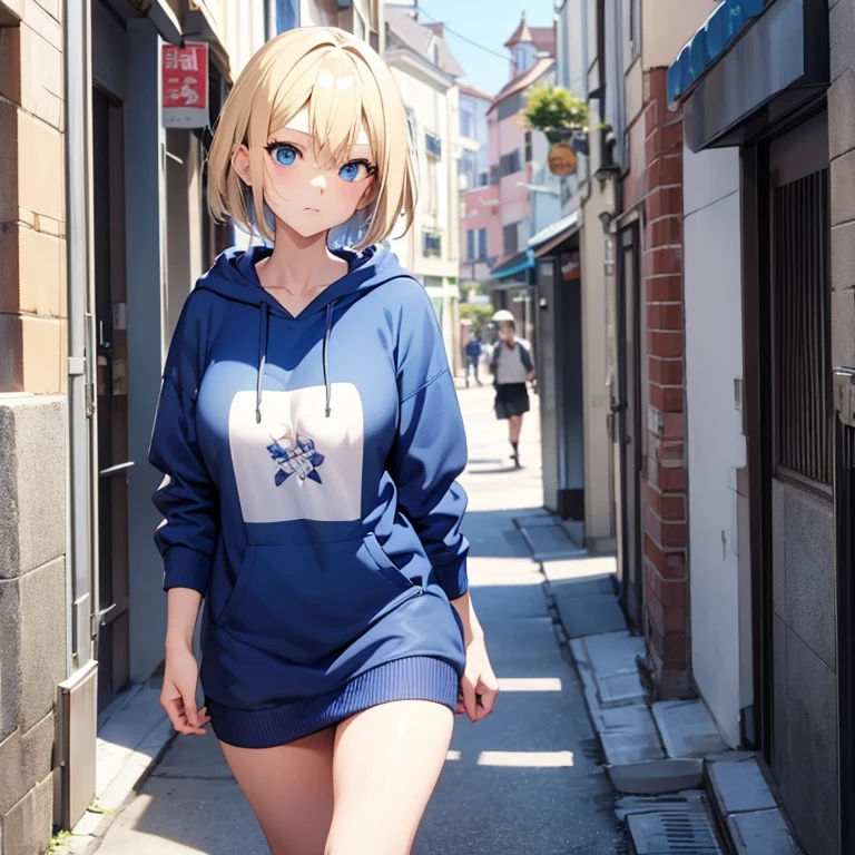 2D Anime Style、Blue eyes、breasts are slightly larger、A cool adult woman with short blonde hair and a cool expression、Touching your hair、Walking around town wearing a knee-length oversized hoodie like a dress.........,
