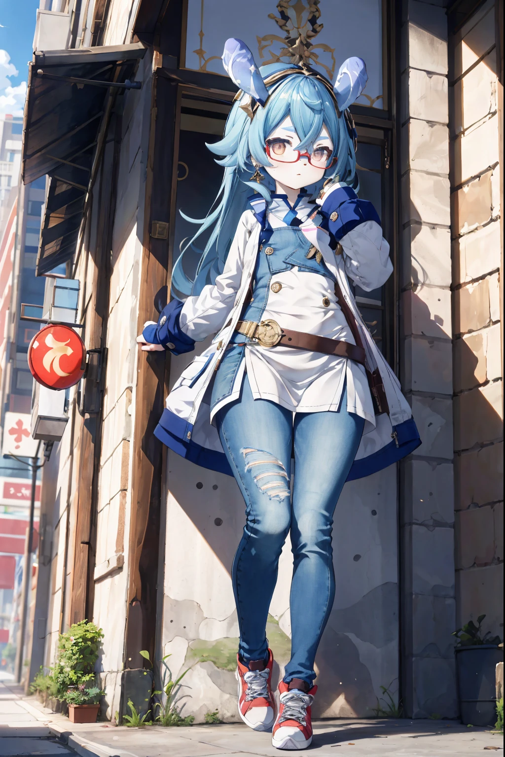 Melousine|genshin impact, masterpiece, bestquality,3 girl,young girl, Wear glasses, long-haired, blue hair,unstable _Front,oily shiny skin,flat chest,nice leg line:1.3,thick thighs, thin-waist,, red_streaks_light_wrap_dress, white_platform_sneakers, woven_El_bag, straw_headgear, gold_hoop_earrings, jacket, long jeans city scenery,looking at the audience,From Top:1.2,dynamic angle