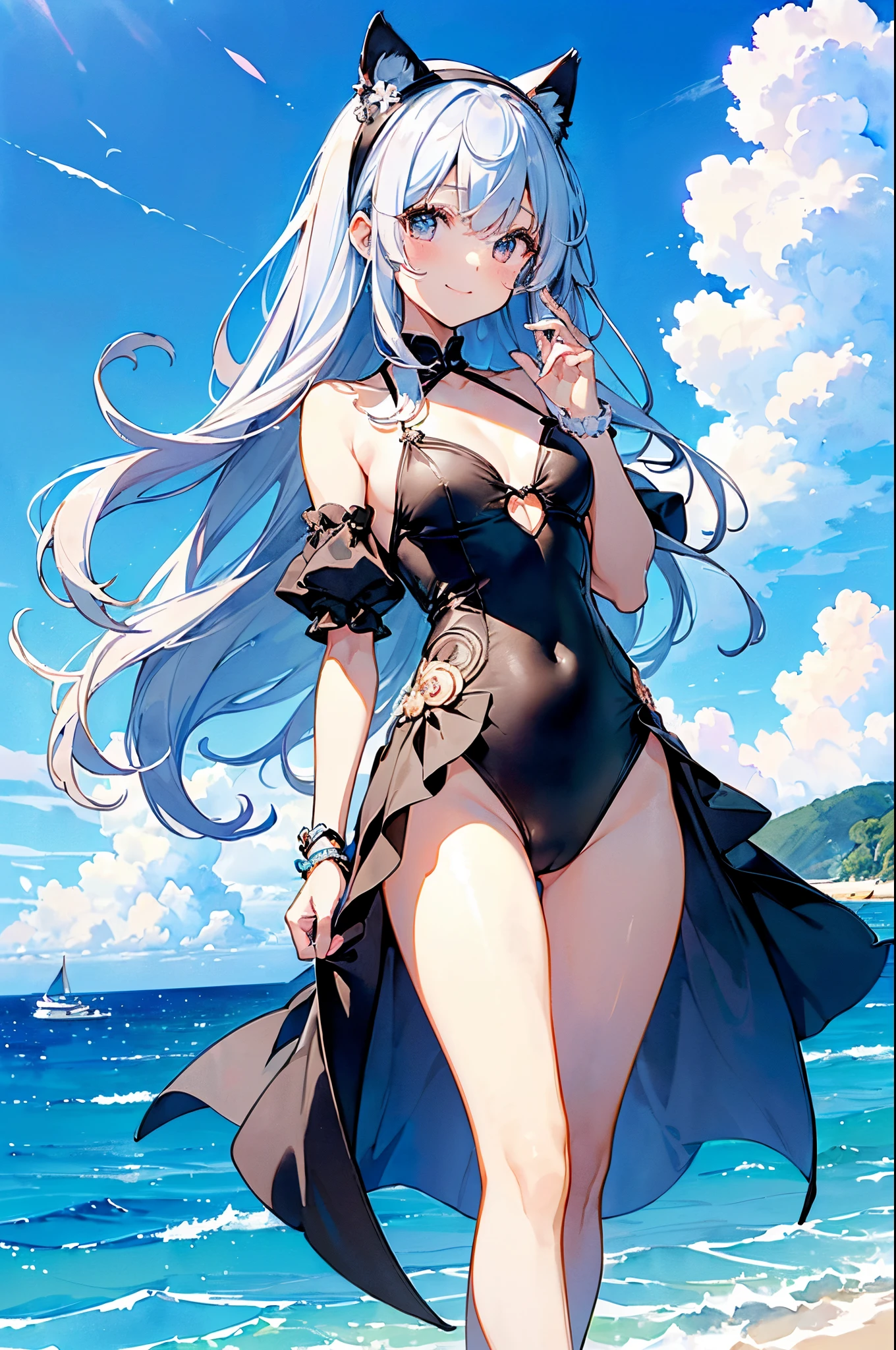 ((2D beautiful girl、top-quality、Perfect fingers:1.1、perfect anatomia:1.1、Dress perfectly、face perfect：1.1、Watercolor style))、(transform sequence)、((cute decorative headbands)、cute white and black swimsuit、14years、Solio、hime、Fractal Art、baby-face、((stright long hair))、(Thin and beautiful legs)、Beautiful big drooping eyes、（full body photographed：1.1、Zoom out and shoot）、((1 persons))、Blue sky and sea background、Cat's ears、A smile